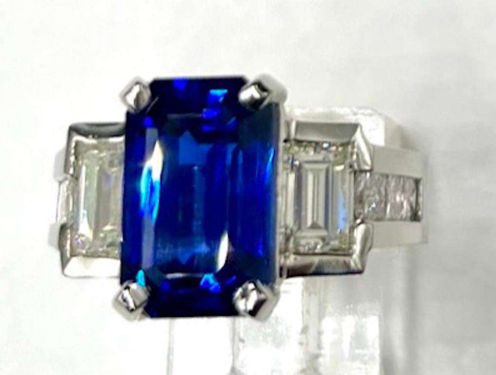 Women's or Men's GIA Certified 8.12Ct Very Fine Emerald Cut Blue Ceylon Sapphire Ring For Sale