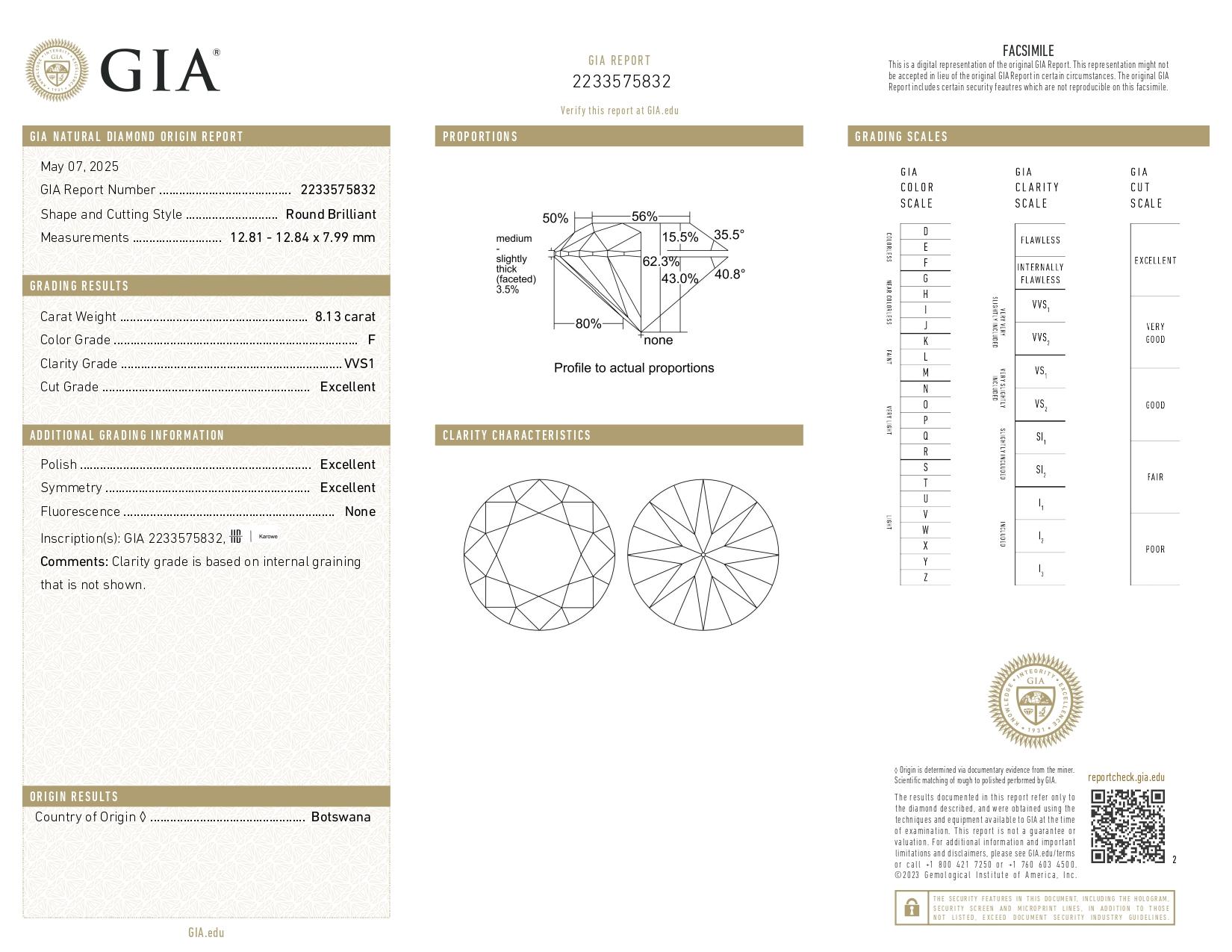 Women's GIA Certified 8.13 Carat Round Cut Diamond F Color VVS1 Clarity Solitaire Ring For Sale