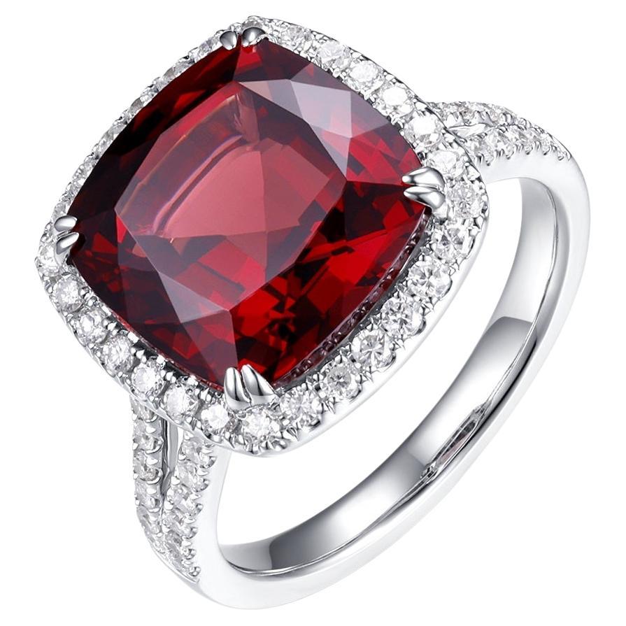 GIA Certified 8.15ct Cushion Cut Garnet & Diamond Ring, 18K White Gold
