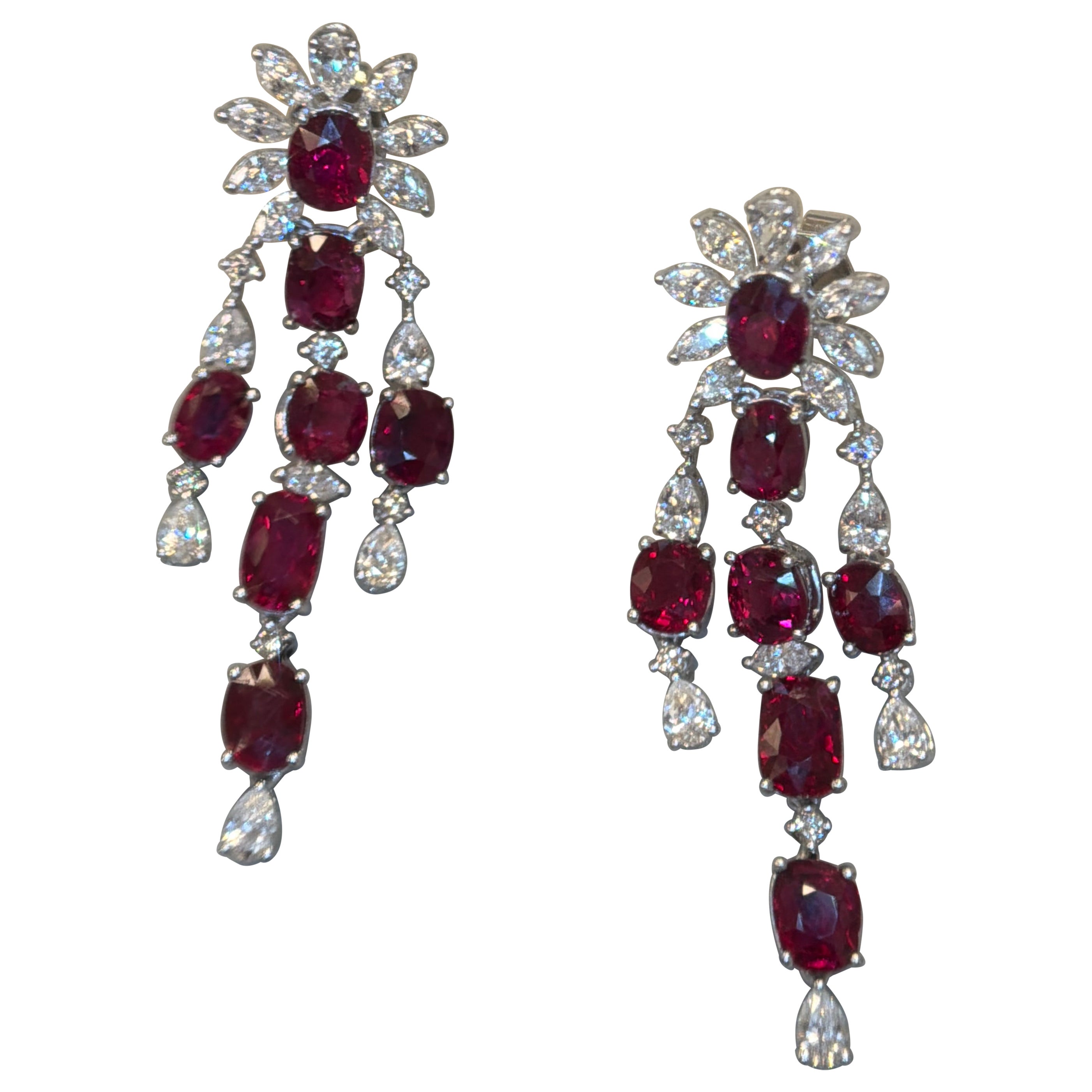 GIA Certified 8.16 Carat Burma No Heat Vivid Red Ruby Diamond Platinum Earrings For Sale