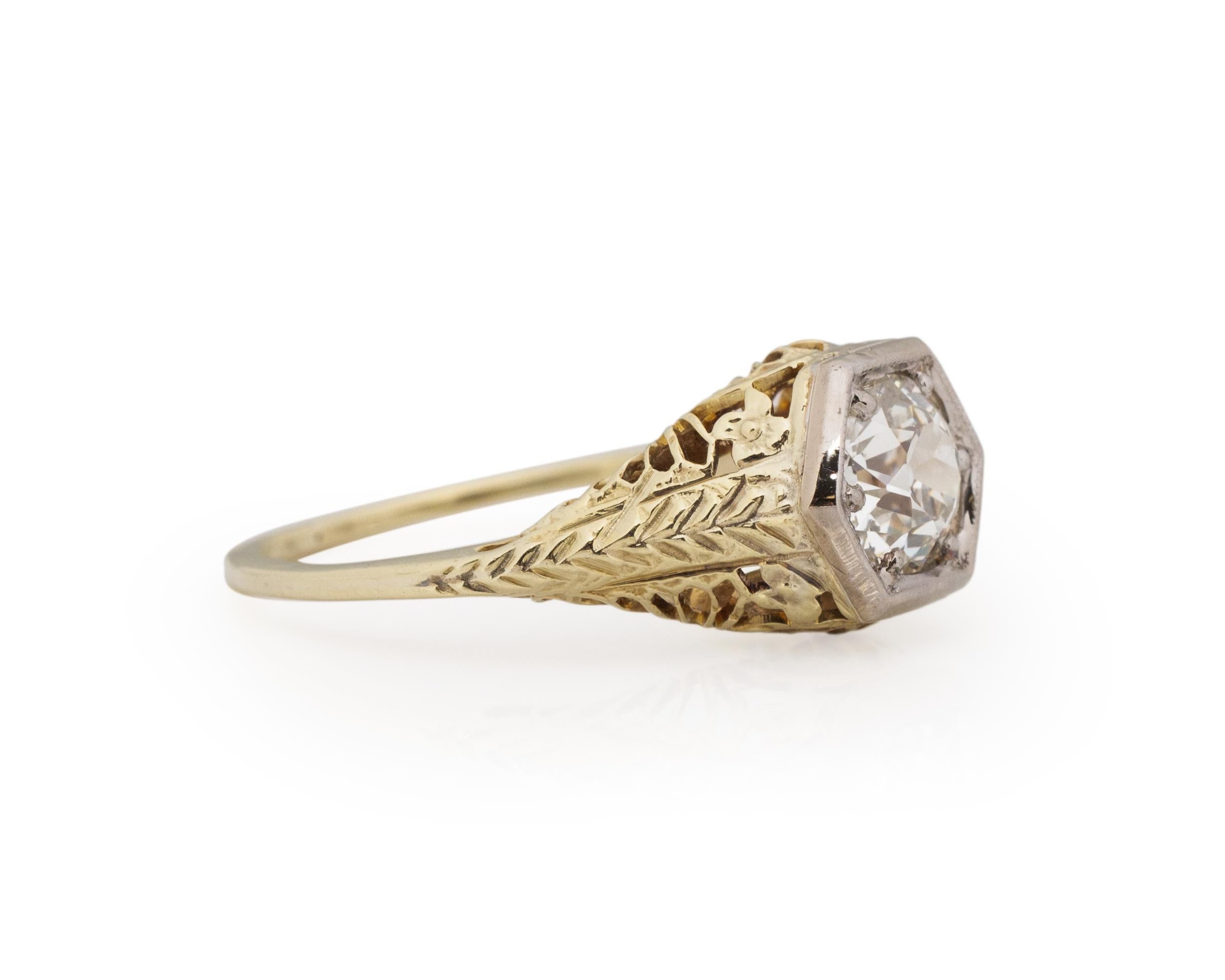Ring Size: 5.5
Metal Type: 14k Yellow Gold [Hallmarked, and Tested]
Weight: 2.4 grams

Center Diamond Details:
GIA REPORT #: 2225272550
Weight: .82ct
Cut: Old Mine brilliant
Color: J
Clarity: VS2
Measurements: 5.96mm x 5.58mm x 3.51mm

Finger to Top