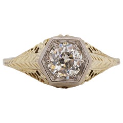 GIA zertifiziert 0,82 Karat Art Deco Diamant 14 Karat Gelbgold Verlobungsring