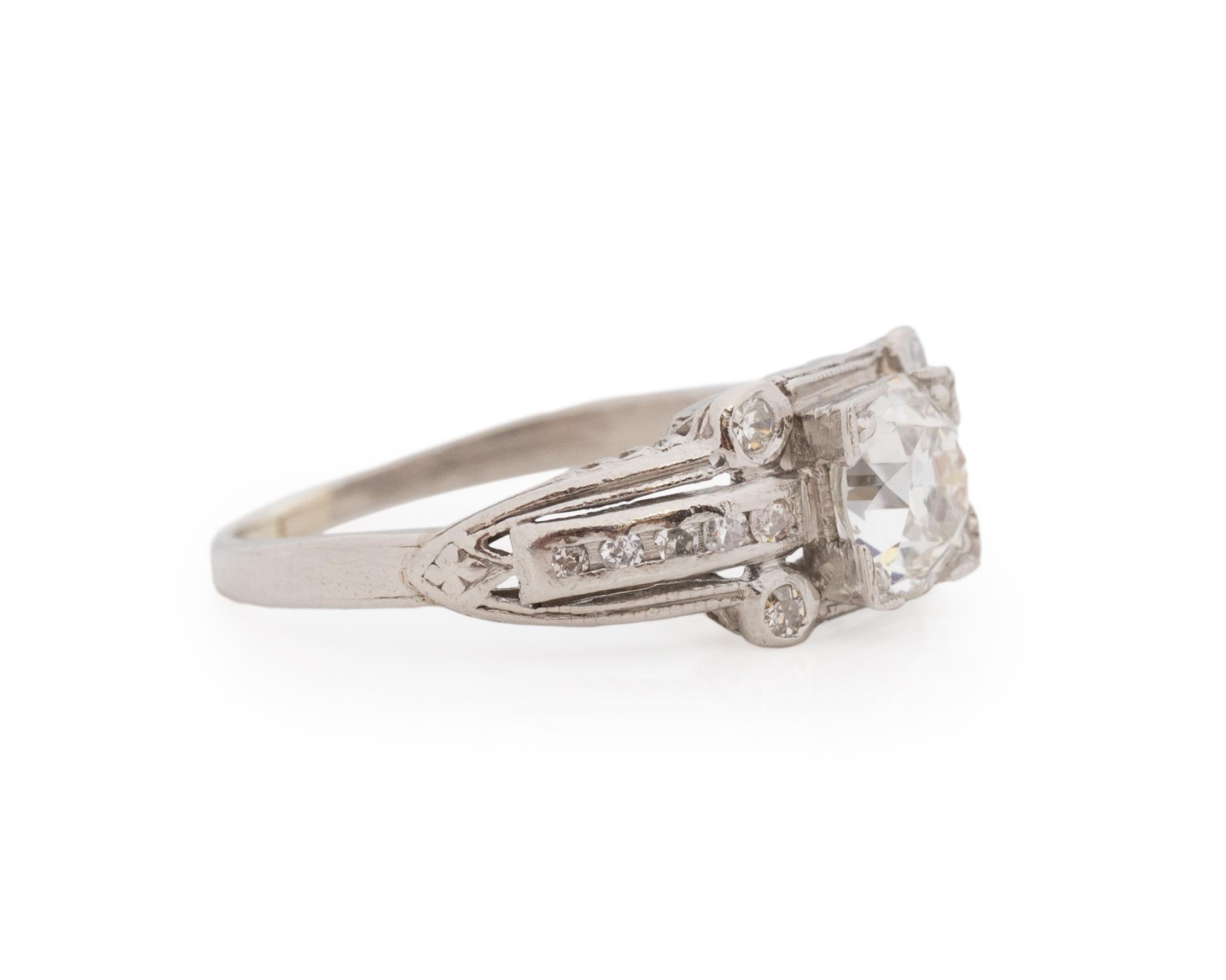 Ring Size: 5.25
Metal Type: Platinum [Hallmarked, and Tested]
Weight: 3.0 grams

Center Diamond Details:
GIA REPORT #: 1425413950
Weight: .82ct
Cut: Old European brilliant
Color: G
Clarity: SI1
Measurements: 5.92mm x 5.85mm x 3.82mm

Side Stone