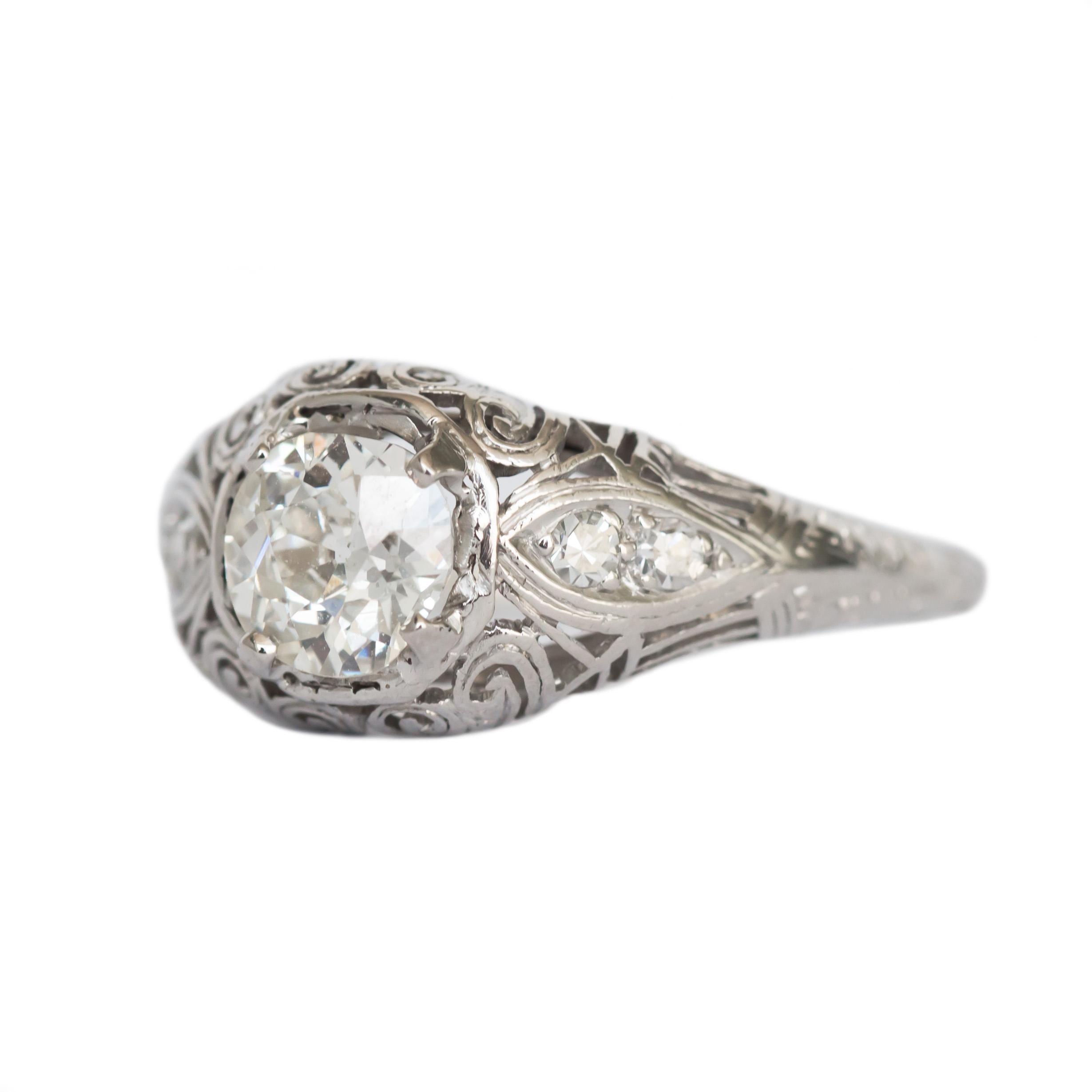 Ring Size: 7.90
Metal Type: Platinum 
Weight: 3.1 grams

Center Diamond Details
GIA CERTIFIED Center Diamond - Certificate # 5201203885
Shape: Old European Brilliant 
Carat Weight: .82 carat
Color: J
Clarity: VS2

Side Stone Details: 
Shape: Antique