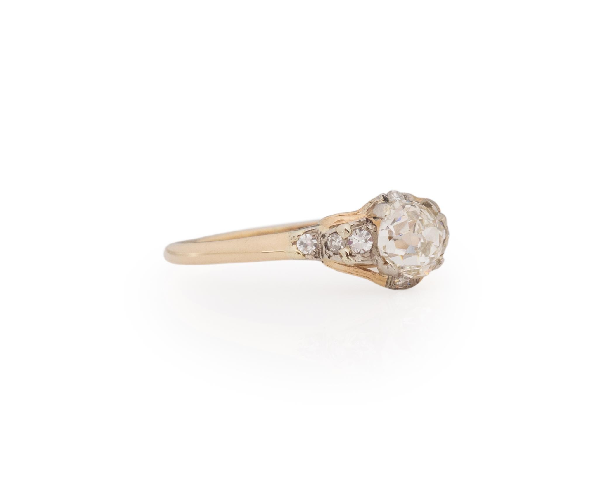 Ring Size: 7.75
Metal Type: 14K Yellow Gold [Hallmarked, and Tested]
Weight: 1.57 grams

Center Diamond Details:
GIA REPORT #:2225646966
Weight: .82ct
Cut: Old Mine Brilliant
Color: M
Clarity: VS2
Measurements: 5.79mm x 5.18mm x 3.71mm

Finger to
