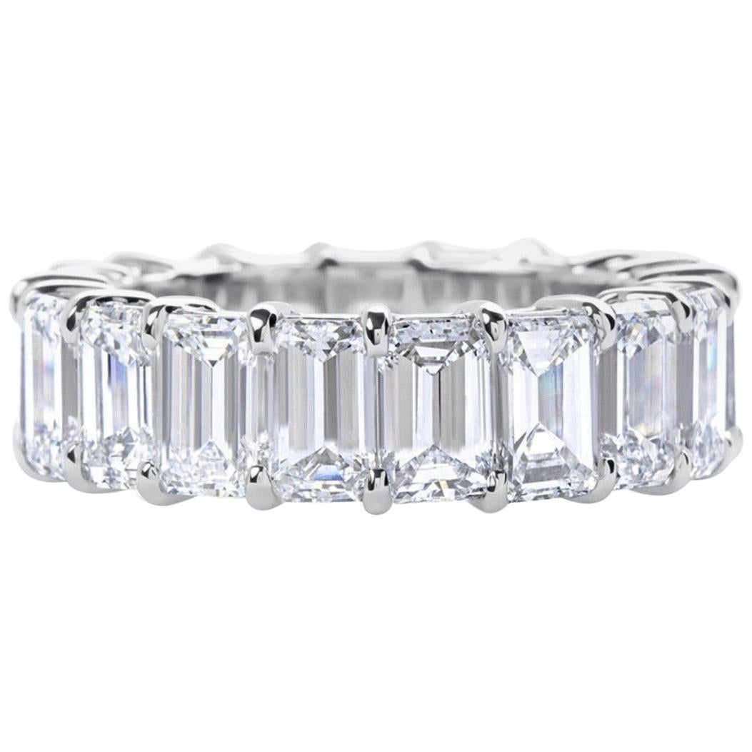 Exquisite emerald cut eternity  band. 
16 individually  GIA certified emerald cut diamonds weighing 8.23 carats , make up this magnificent ring.
Diamonds are colorless (D E F) and clarity range of  internally flawless - VS .
The beautiful Diamonds
