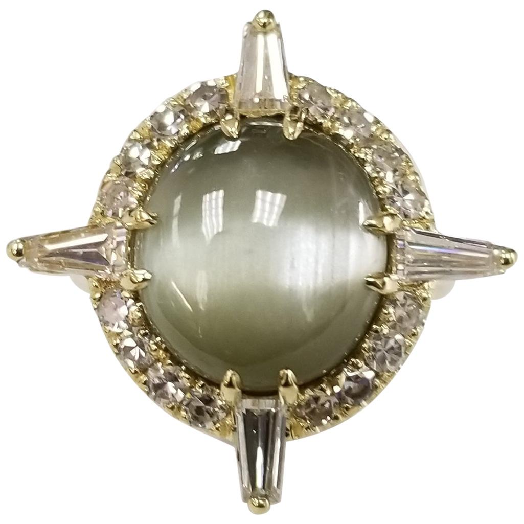 GIA Certified 8.25 Carat "Cats-Eye" Chrysoberyl in 18 Karat Gold with Diamonds For Sale