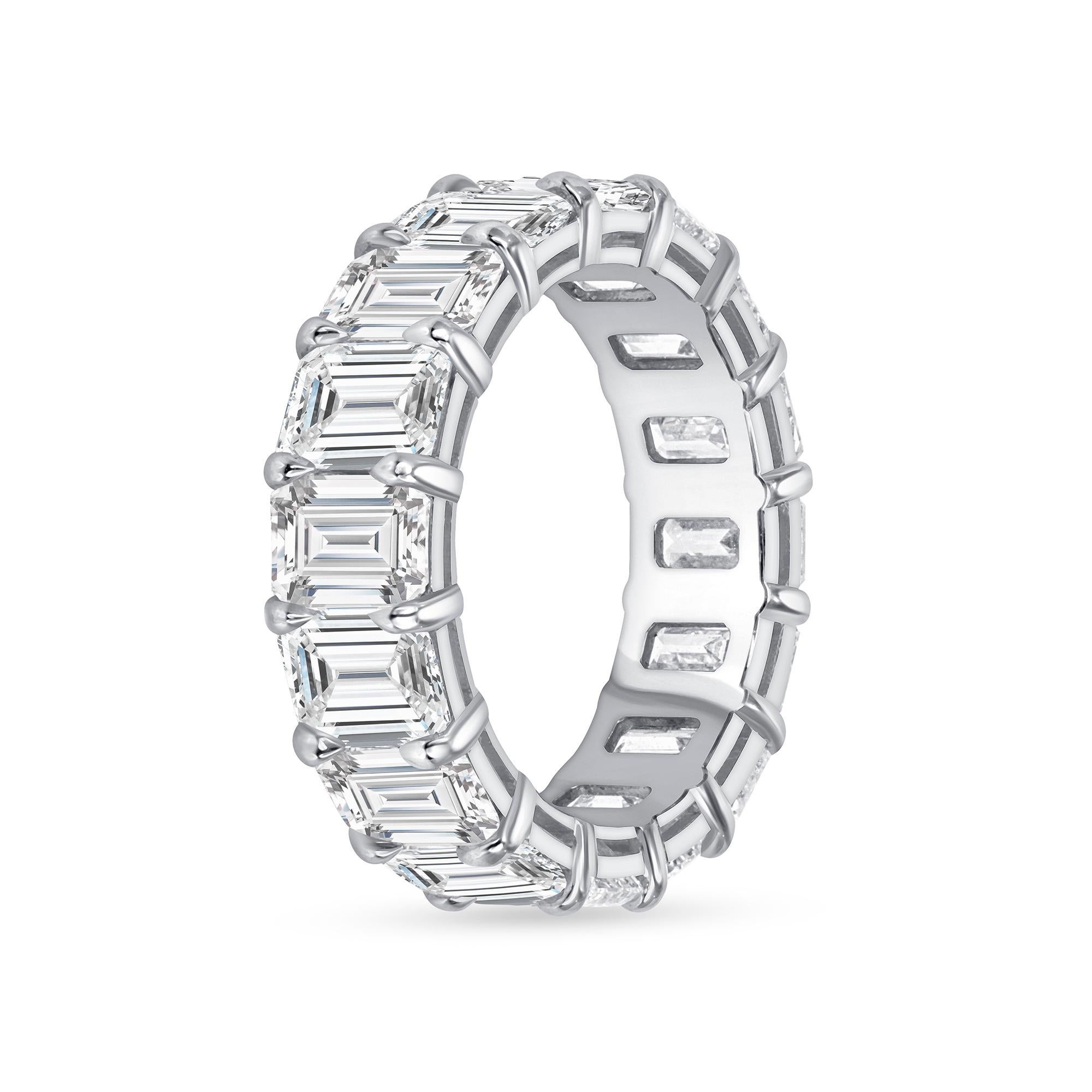 Emerald Cut Diamond Eternity Band set in Platinum. This beautiful handcrafted eternity band has sixteen emerald cut GIA certified emerald cut diamonds in G/H color, VS2+ clarity with an approximately 8 1/4 carats total weight.
