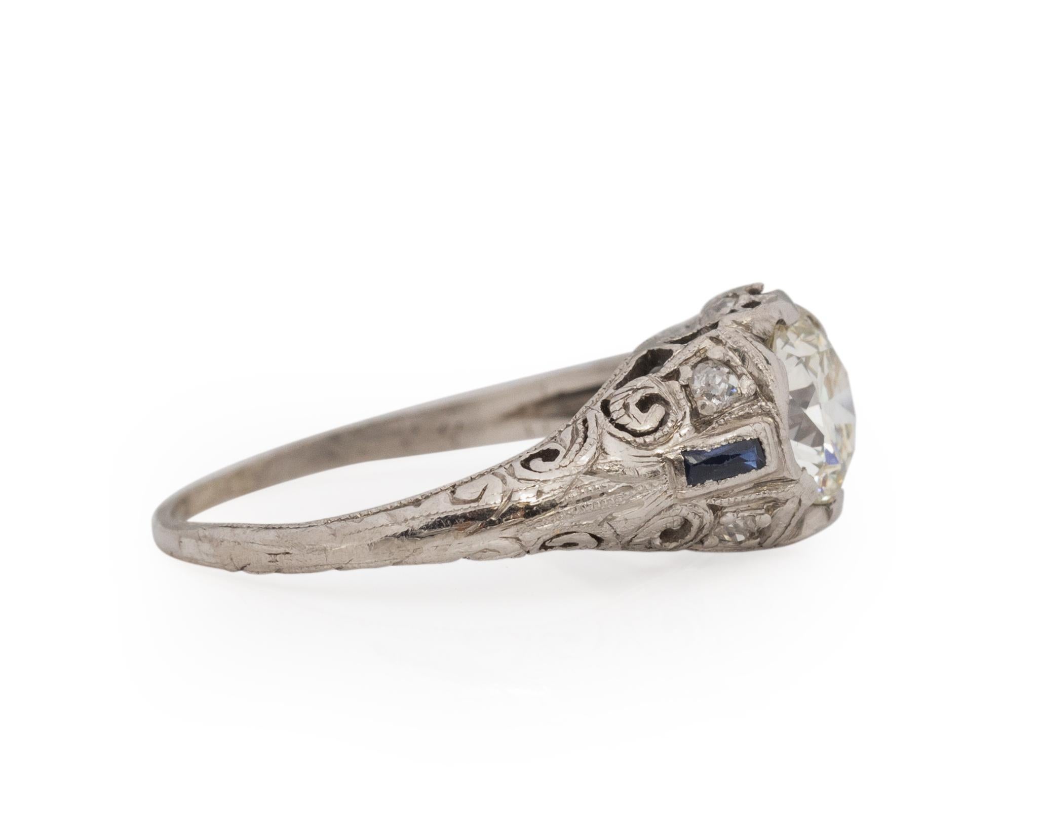 Ring Size: 5
Metal Type: Platinum [Hallmarked, and Tested]
Weight: 2.7 grams

Center Diamond Details:
GIA REPORT #: 6224166396
Weight: .83ct
Cut: Old European brilliant
Color: L
Clarity: SI2
Measurements: 6.03mm x 6.01mm x 3.65mm

Side Stone
