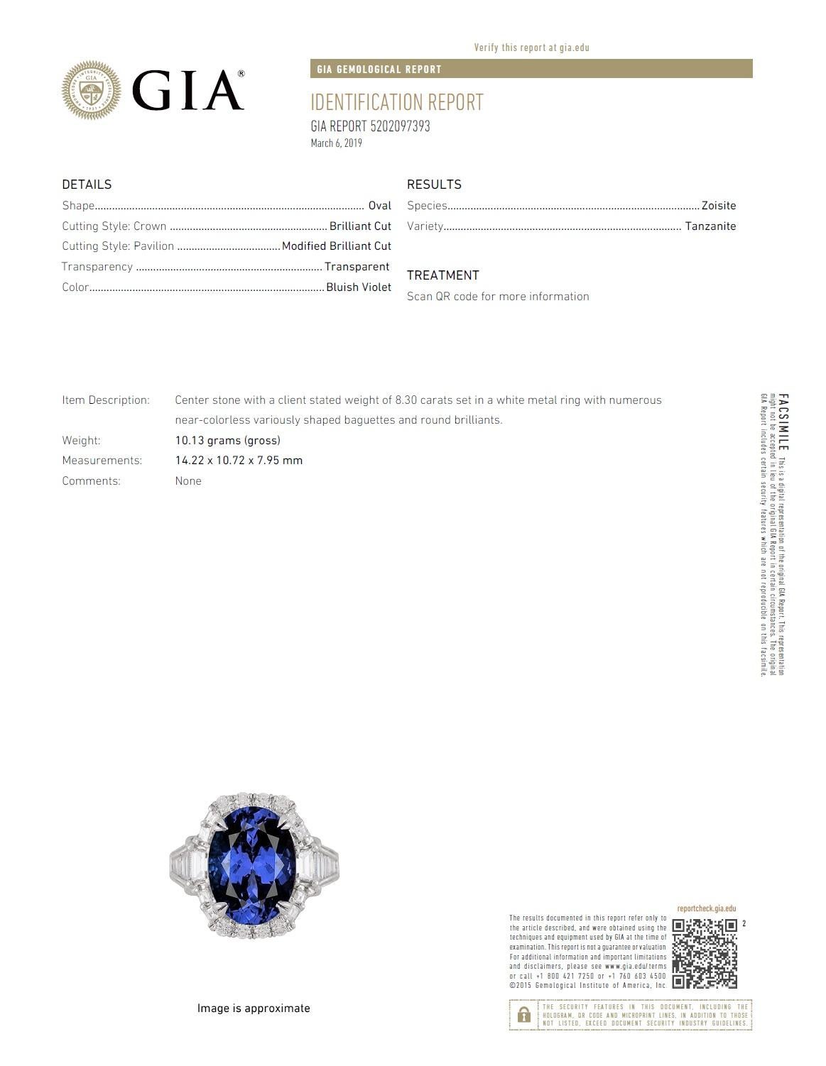 Women's GIA Certified 8.30 Carat Oval Cut Blue-Violet Tanzanite and Diamond Ring ref537 For Sale