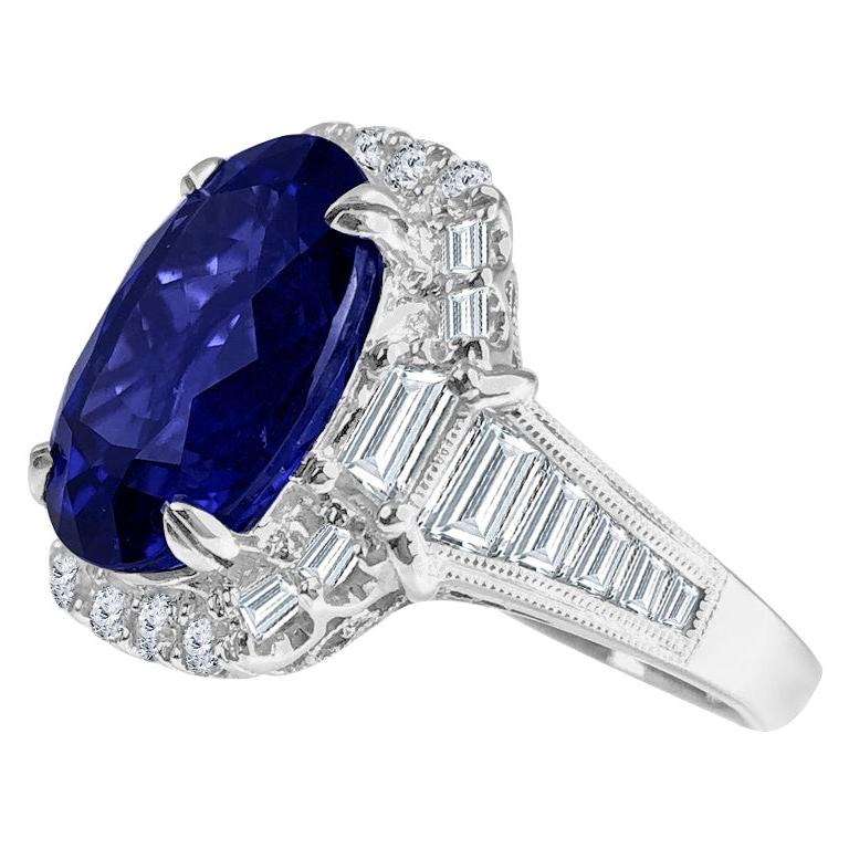GIA Certified 8.30 Carat Oval Cut Blue-Violet Tanzanite and Diamond Ring ref537 For Sale