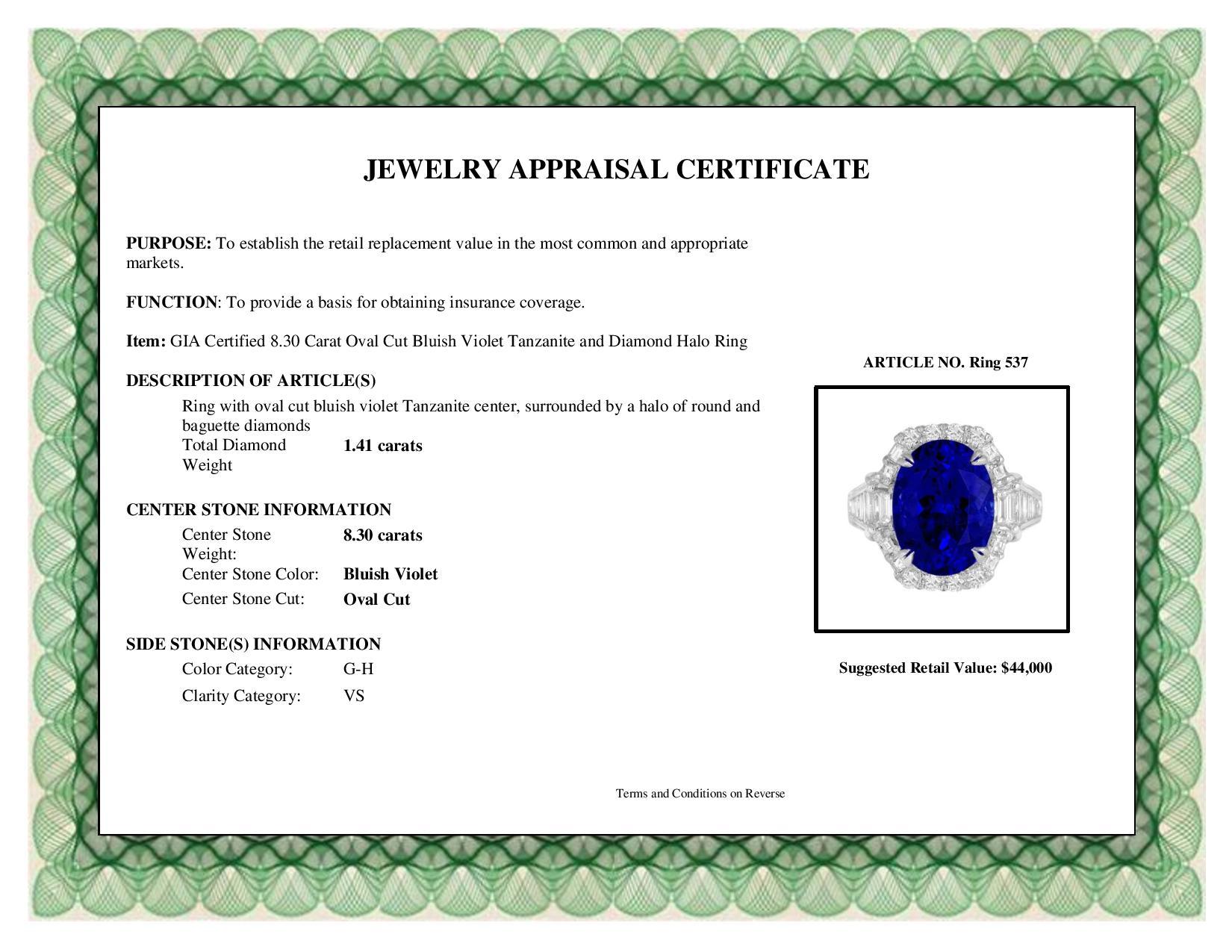 Contemporary DiamondTown GIA Certified 8.30 Carat Oval Cut Bluish Violet Tanzanite Ring
