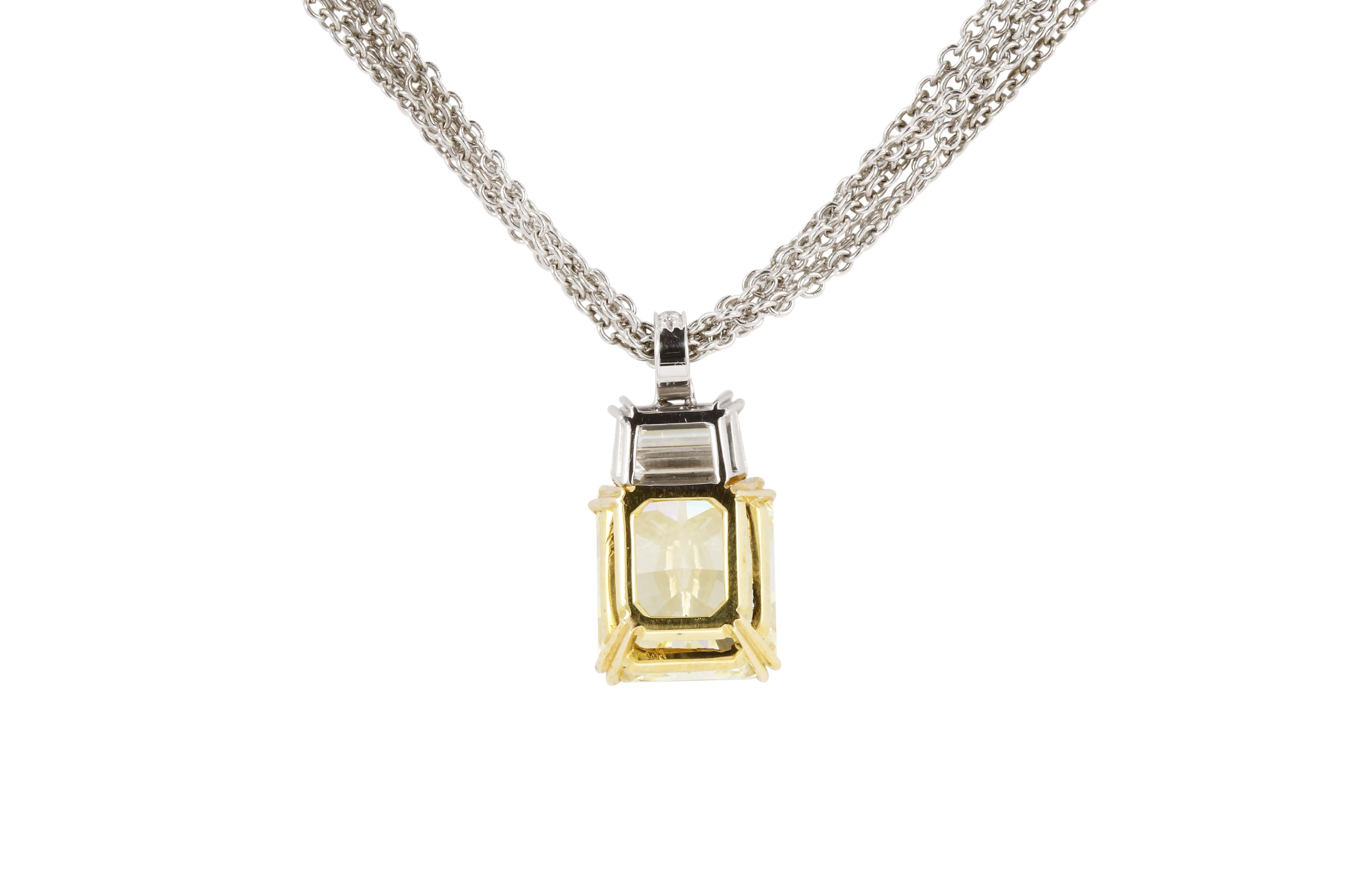 Radiant Cut GIA Certified 8.34 Carat Fancy Yellow Internally Flawless Diamond Pendant For Sale