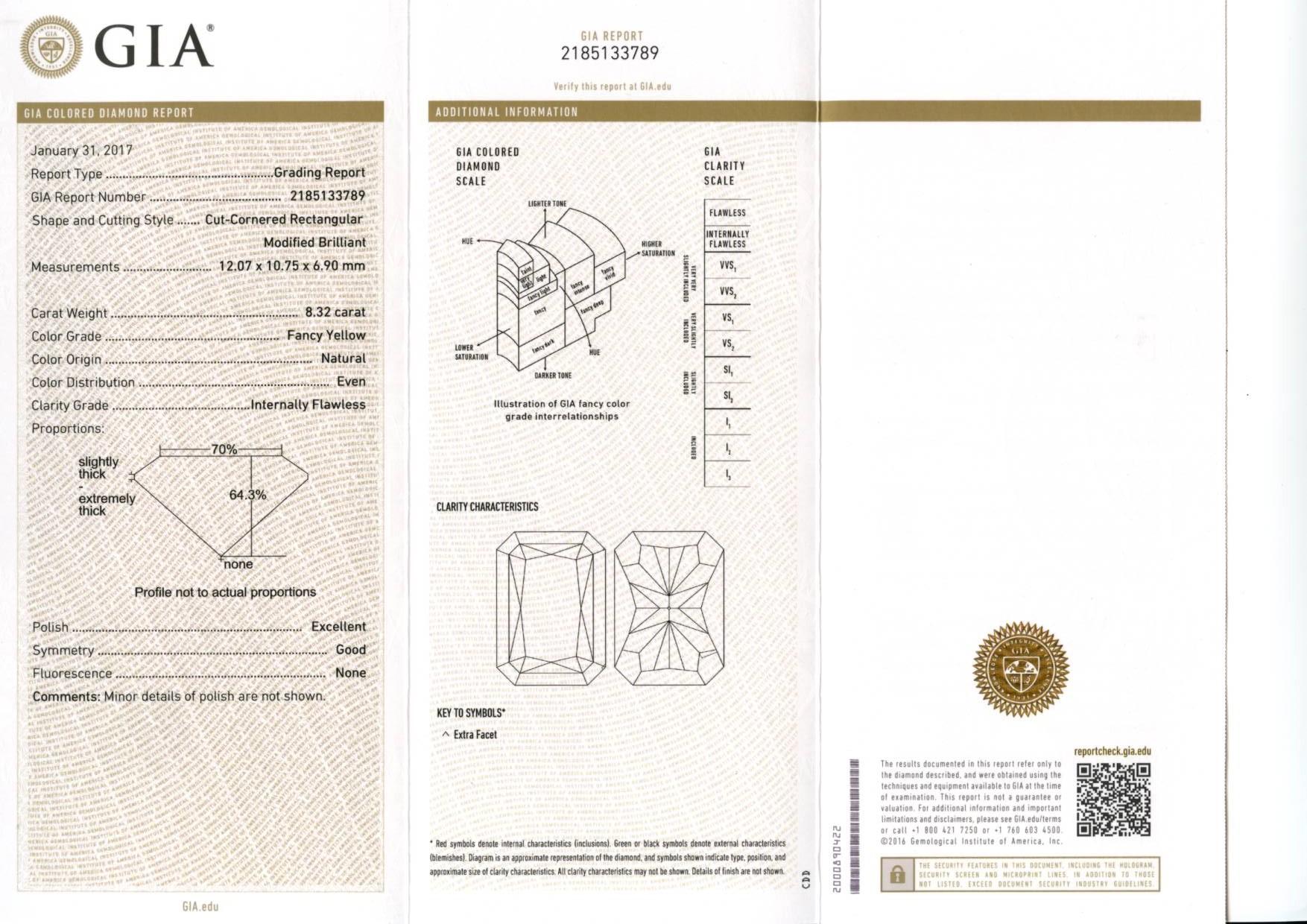 Women's or Men's GIA Certified 8.34 Carat Fancy Yellow Internally Flawless Diamond Pendant For Sale