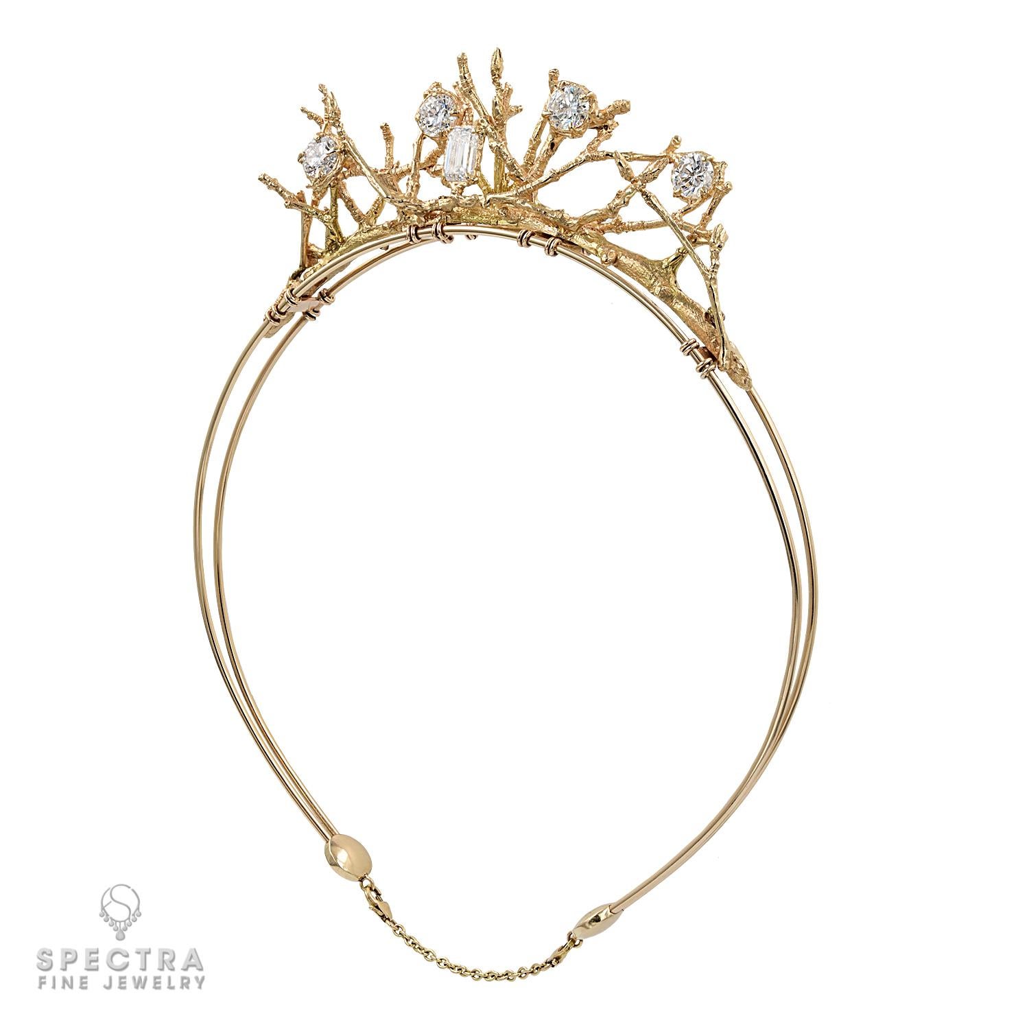 Introducing the epitome of elegance and luxury, the Diamond Gold Tiara with a mesmerizing 'Twig' design. Crafted to perfection, this exceptional piece of jewelry is a fusion of nature's beauty and exquisite craftsmanship. Made from a blend of 14k