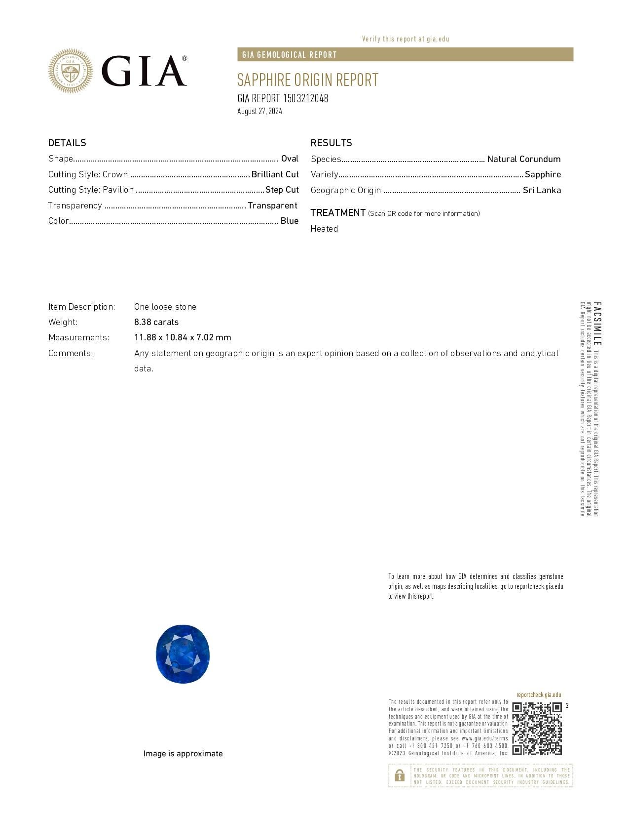 GIA Certified 8.38 Ct. Sri Lanka Heated Oval Cut Blue Sapphire Ring in 18K W/G For Sale 1