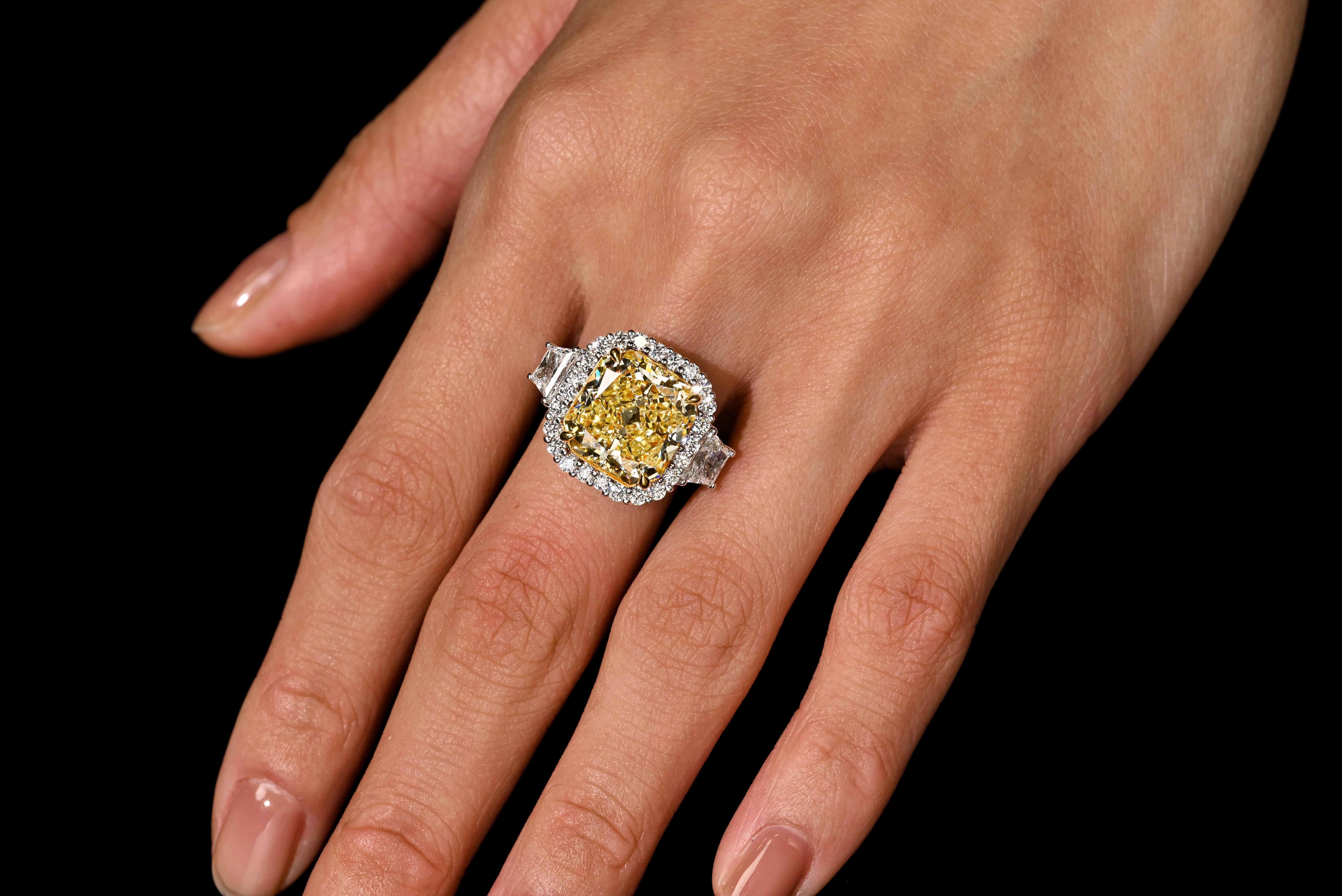 GIA Certified 8.39 Carat Fancy Intense Yellow Diamond 18K White Gold Halo Ring In Excellent Condition For Sale In Miami, FL