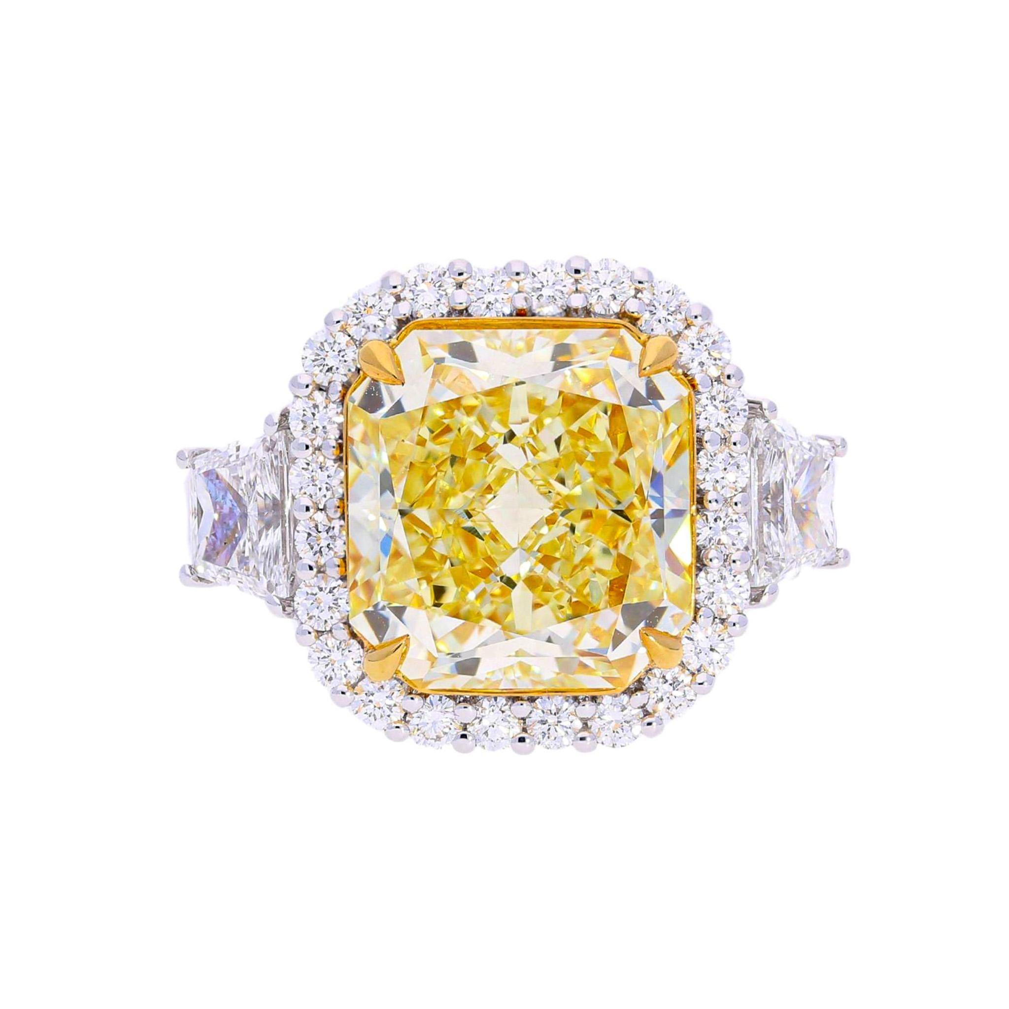 GIA Certified 8.39 Carat Fancy Intense Yellow Diamond 18K White Gold Halo Ring For Sale 1