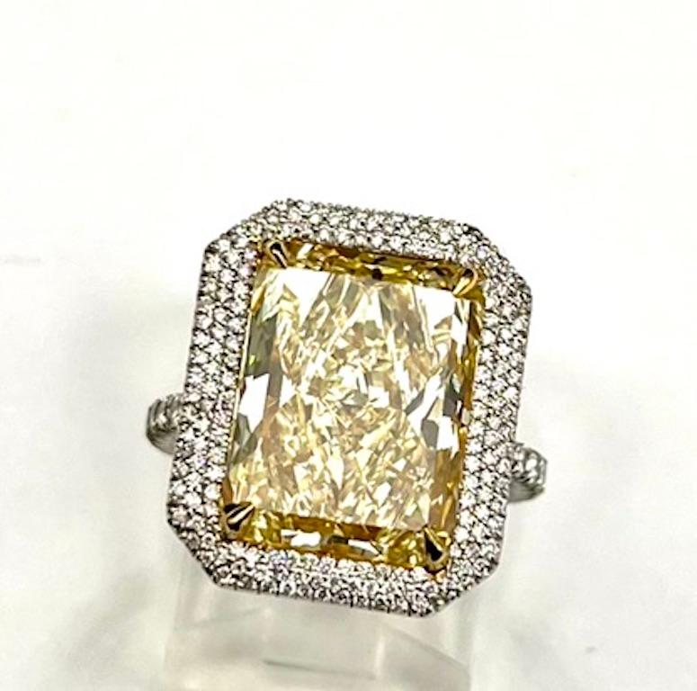 Contemporary GIA Certified 8.39Ct Radiant Cut Diamond, Natural Fancy Yellow-VS1 Ring For Sale