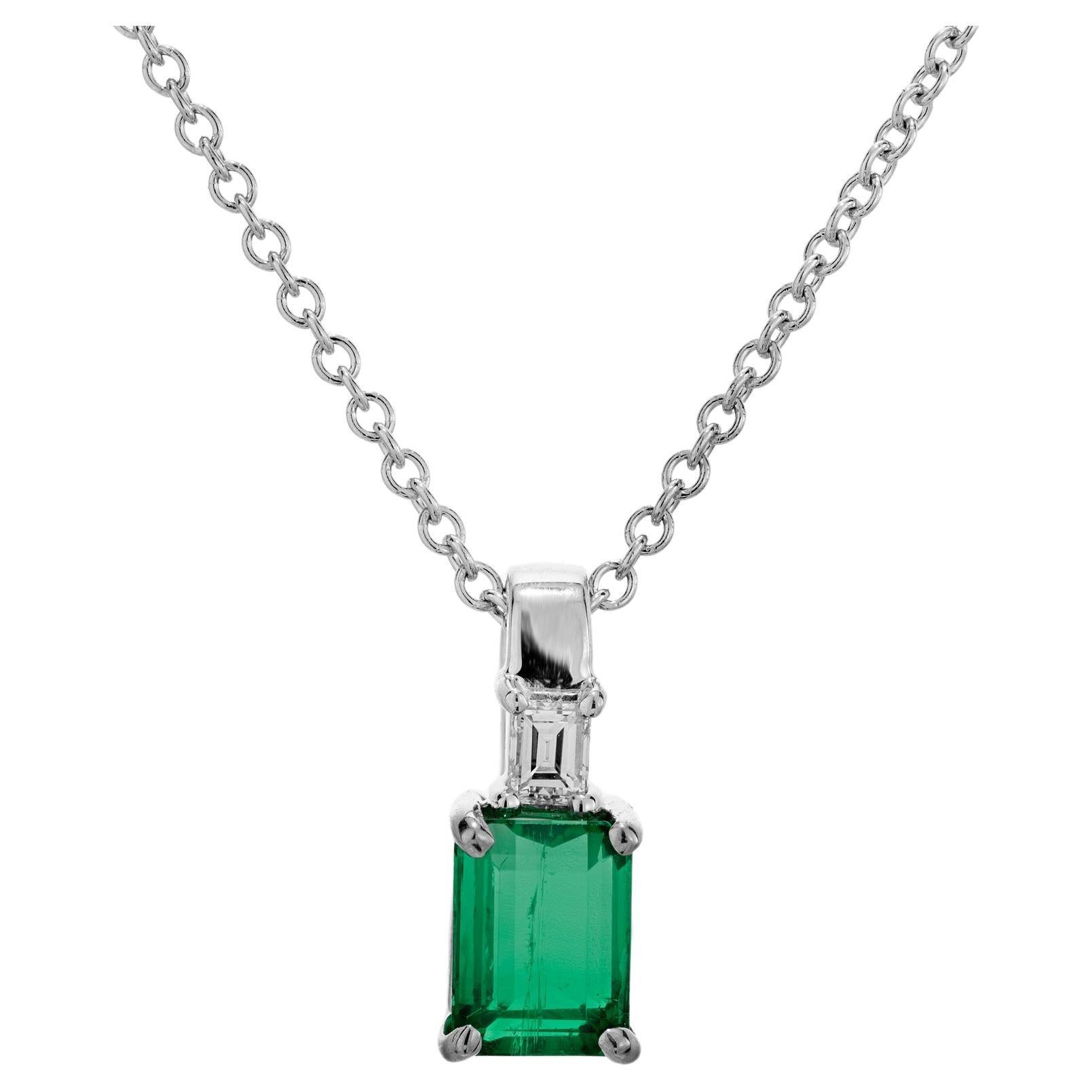 GIA Certified .84 Carat Emerald Diamond White Gold Pendant Necklace  For Sale