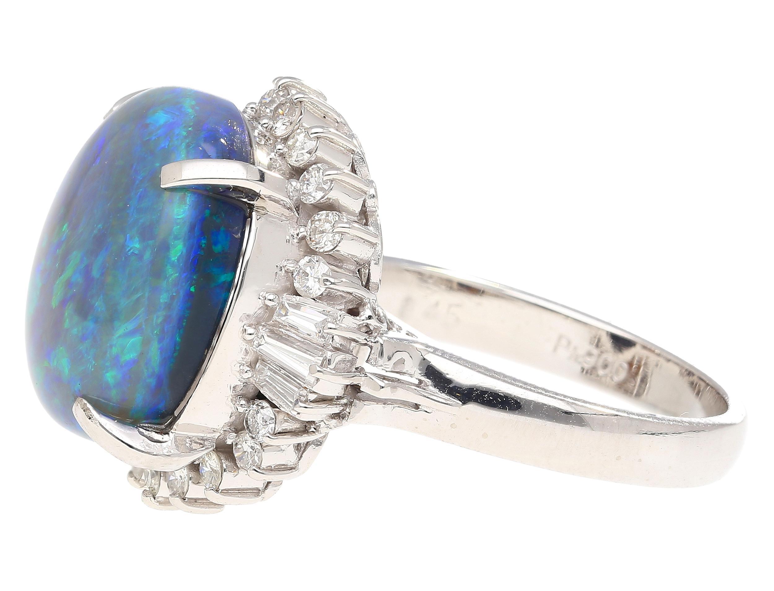 Platinring, GIA-zertifizierter 8,45 Karat schwarzer Opal & Diamant-Halo, Vintage im Angebot 5