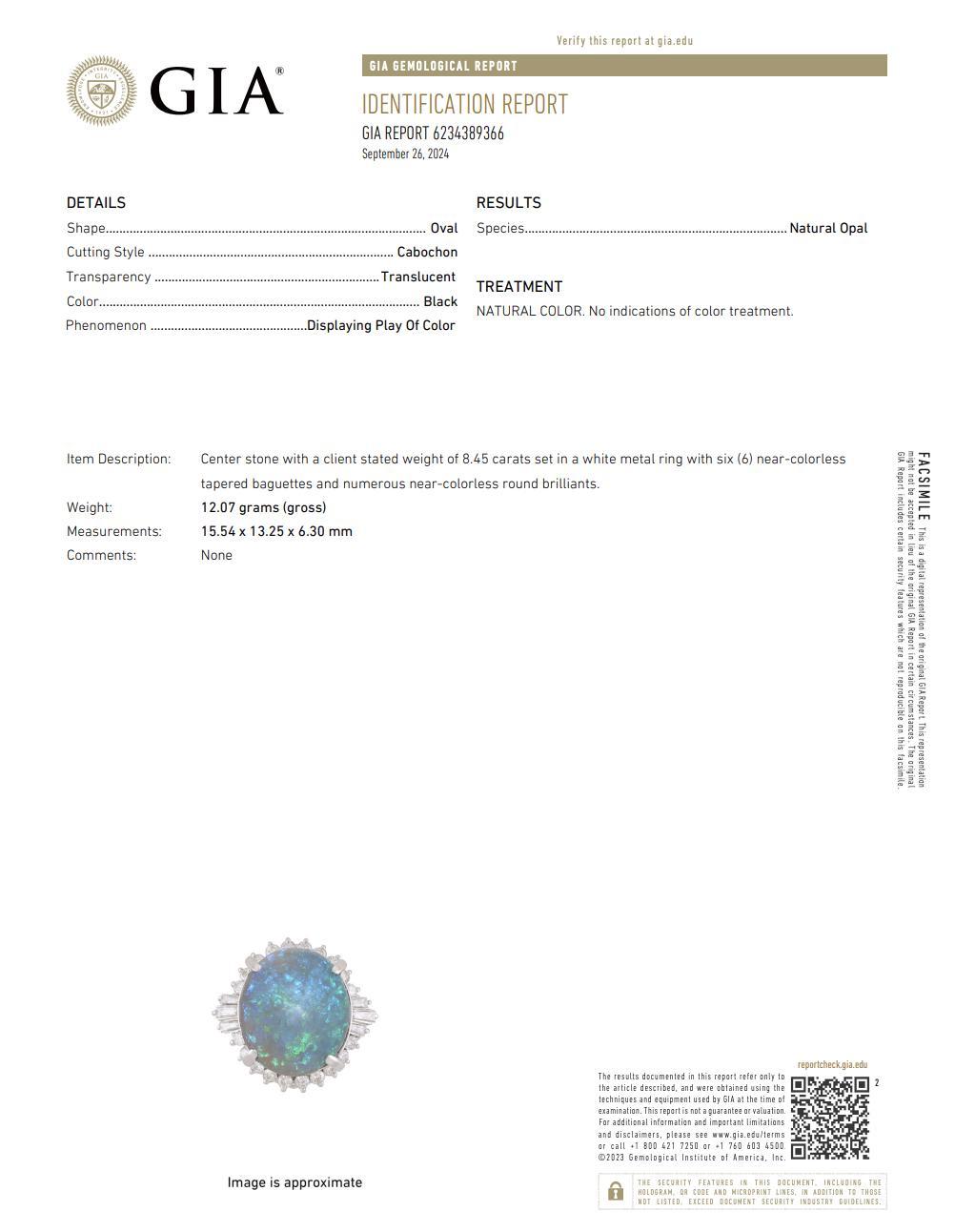 Platinring, GIA-zertifizierter 8,45 Karat schwarzer Opal & Diamant-Halo, Vintage (Ovalschliff) im Angebot