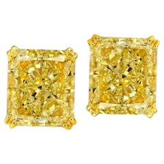 GIA Certified 8.46 Carat Fancy Yellow Radiant Diamond 18 Carats Gold Studs