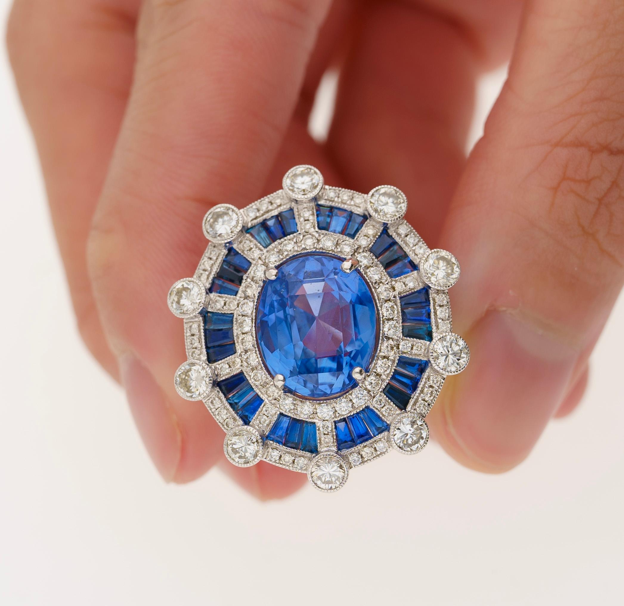 Oval Cut GIA Certified 8.46 Carat No Heat Blue Sapphire & Diamond Art Deco Style Ring For Sale