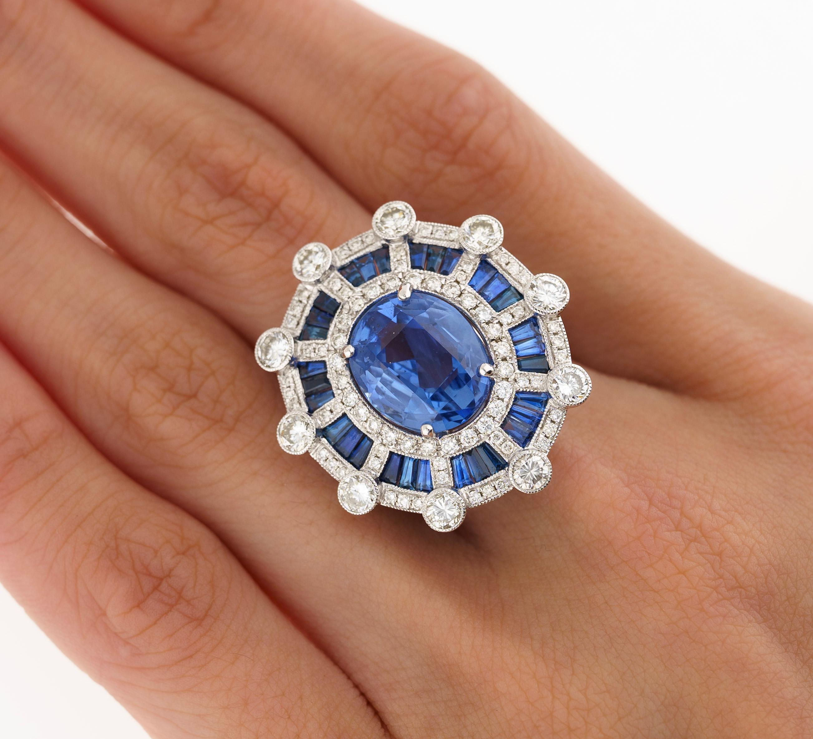 GIA Certified 8.46 Carat No Heat Blue Sapphire & Diamond Art Deco Style Ring In New Condition For Sale In Miami, FL