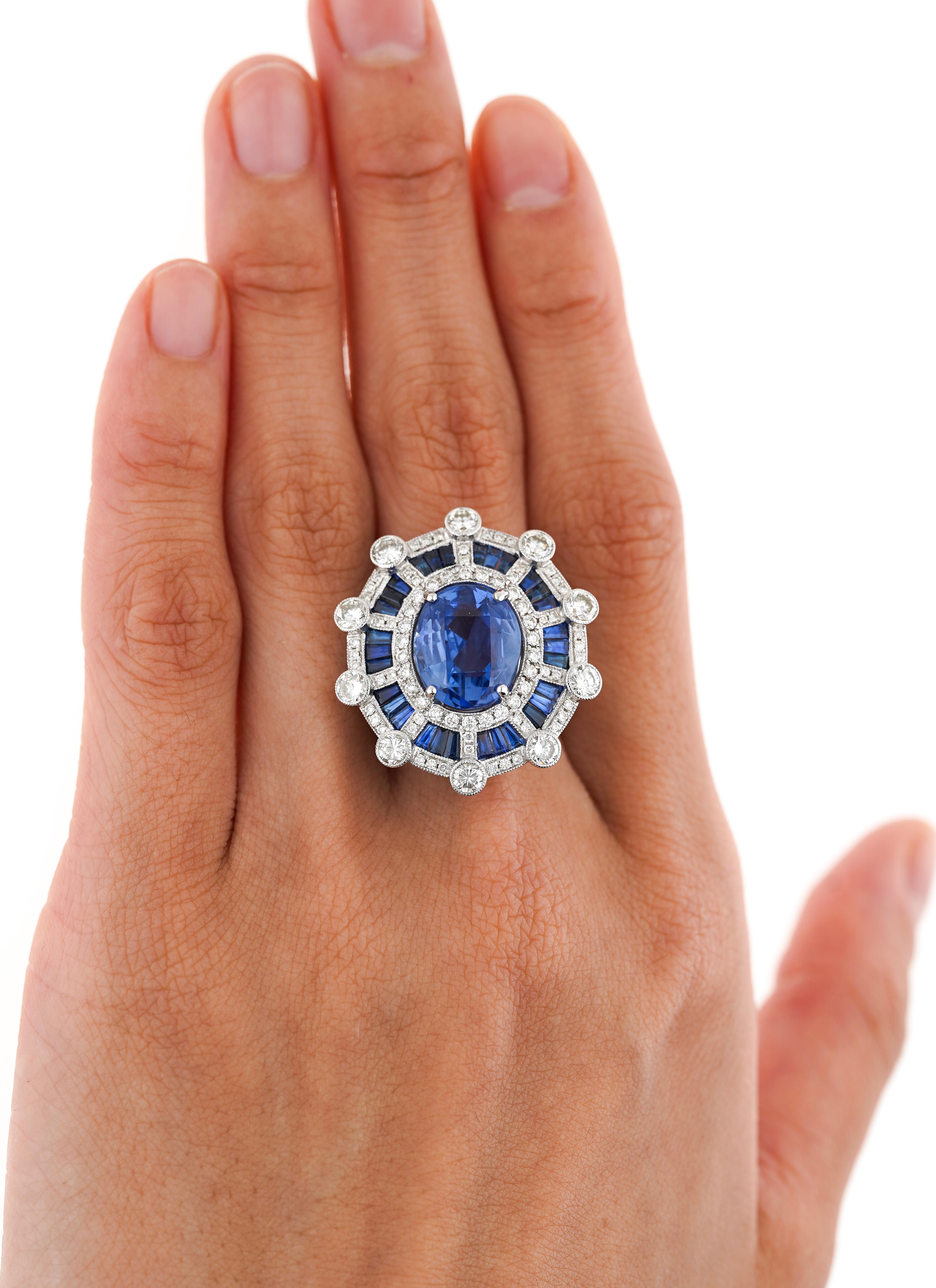 Women's GIA Certified 8.46 Carat No Heat Blue Sapphire & Diamond Art Deco Style Ring For Sale