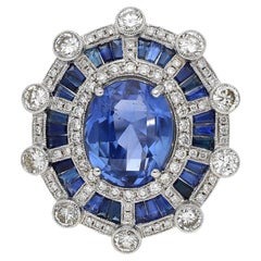 Bague de style Art déco avec saphir bleu non chauffé certifié GIA de 8,46 carats et diamants