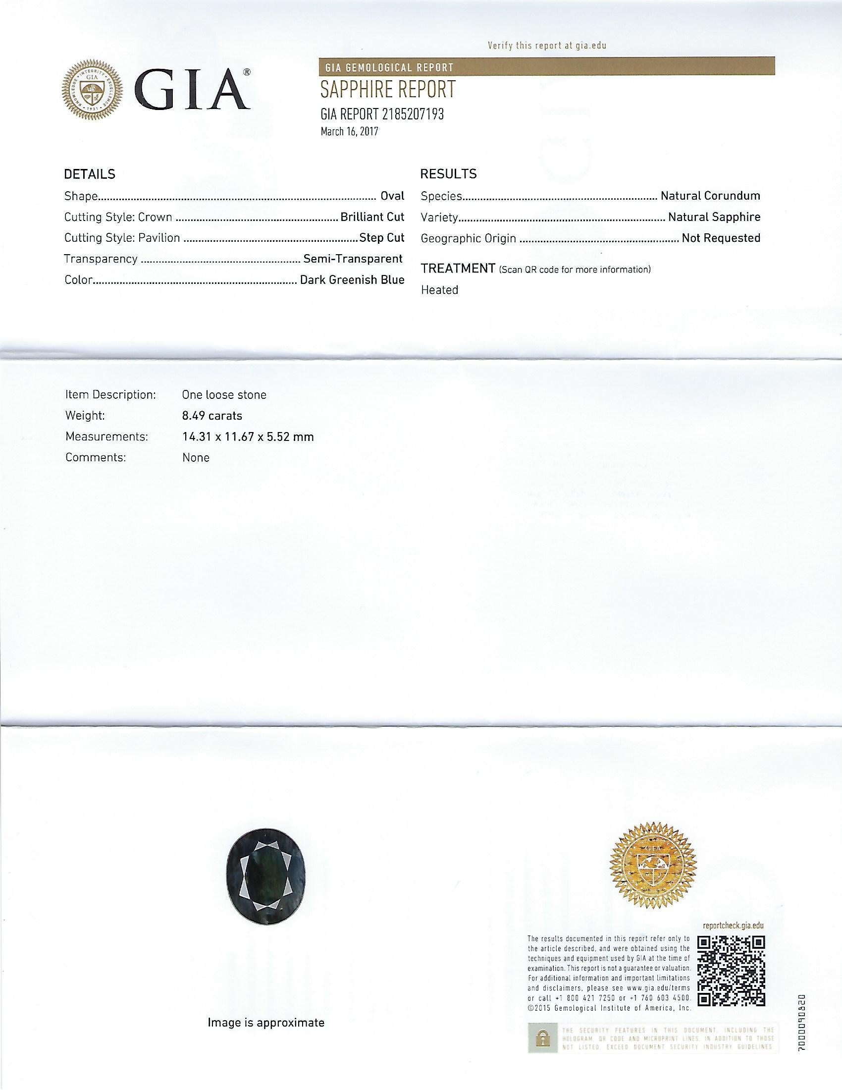 GIA-zertifizierter 8,49 Karat ovaler dunkelgrüner blauer Saphir und Diamantring im Angebot 1