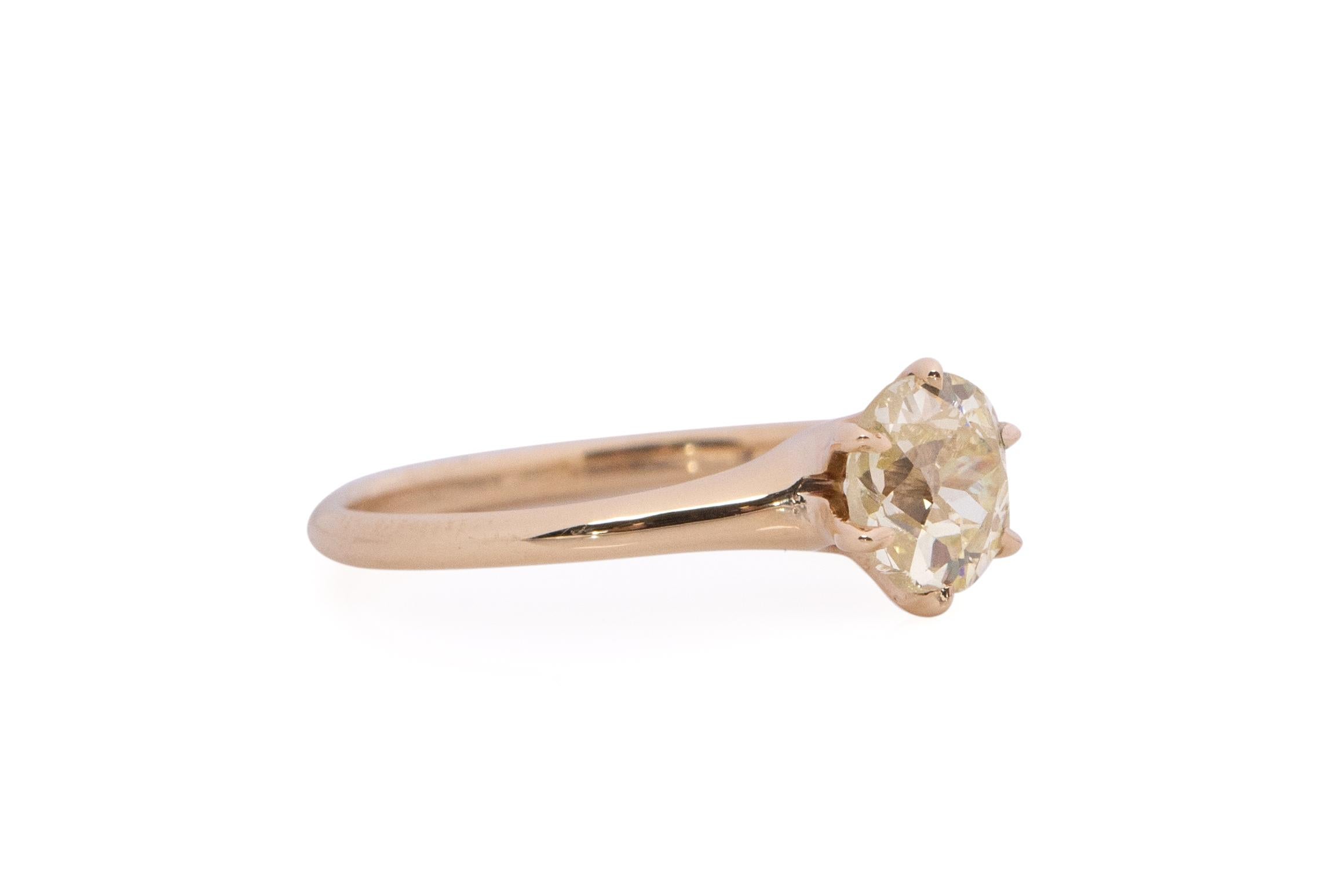 Item Details: 
Ring Size: 6
Metal Type: 14karat Yellow Gold [Hallmarked, and Tested]
Weight: 2.2 grams

Center Diamond Details:
GIA REPORT #: 2203841479
Weight: .85 carat
Cut: Antique Cushion
Color: Light Yellow (Y-Z)
Clarity: SI1
Measurements: