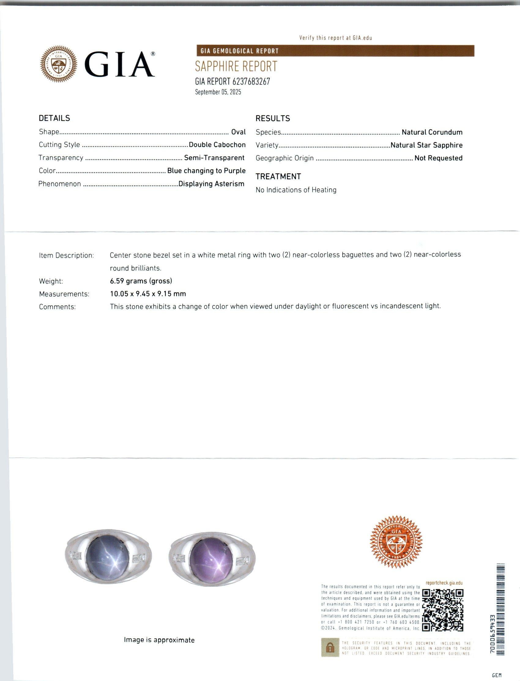 GIA bescheinigt 8,5 Karat Sternsaphir Diamant Weißgold Herrenring im Zustand „Hervorragend“ im Angebot in Stamford, CT