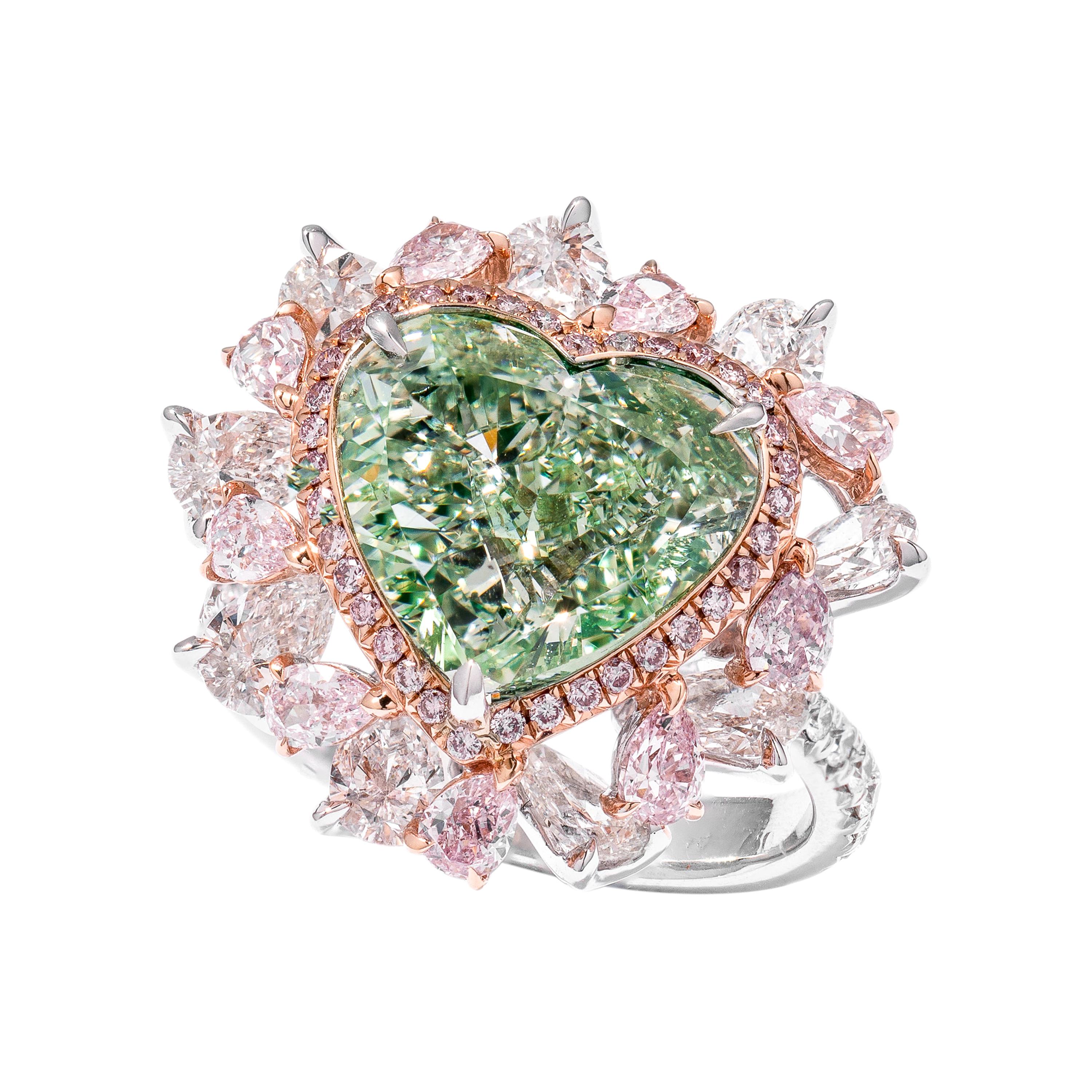 GIA Certified 8.51 Carat Fancy Yellow Green and Pink Diamond Ring in 18K Gold