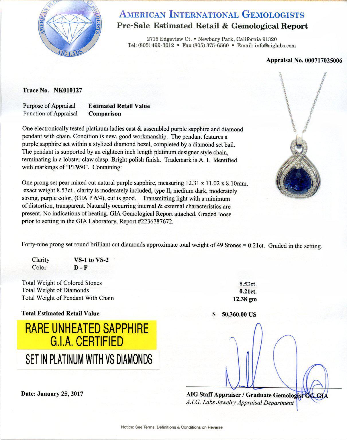 Women's or Men's GIA Certified 8.53 Carat Rare Unheated Purple Sapphire Diamond Pendant Necklace For Sale