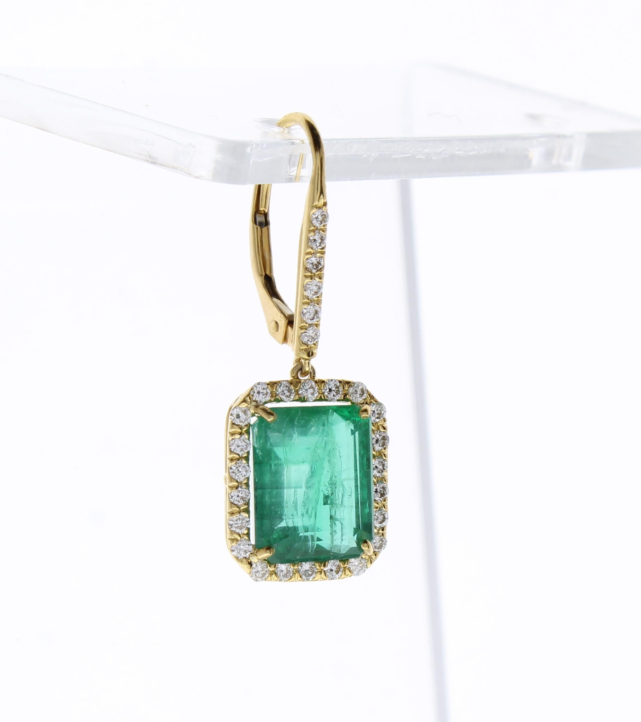 Contemporary GiA Certified 8.55 Carat Total Emerald Cut Emerald & Diamond Earrings In 18K  For Sale