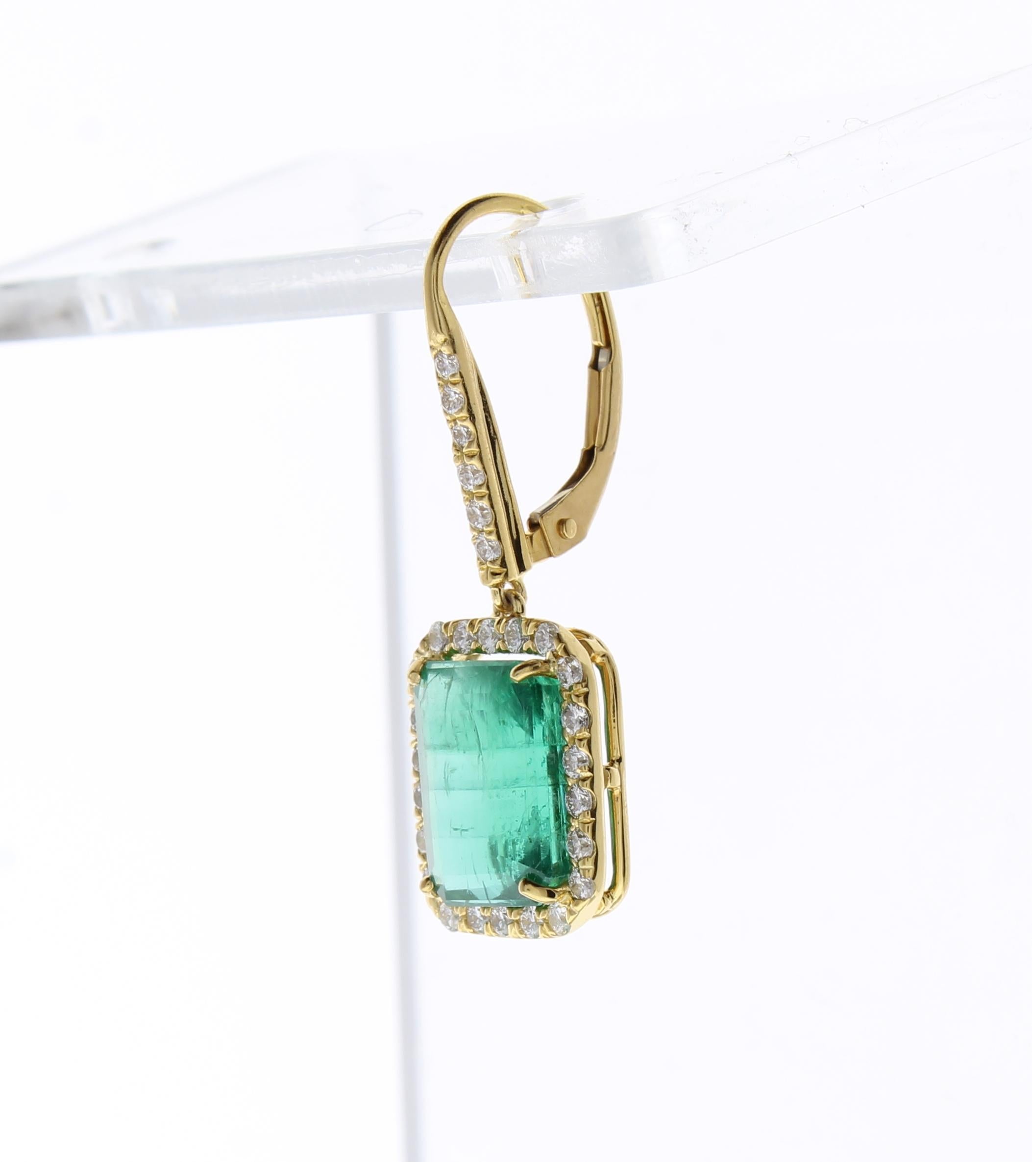 Women's GiA Certified 8.55 Carat Total Emerald Cut Emerald & Diamond Earrings In 18K  For Sale