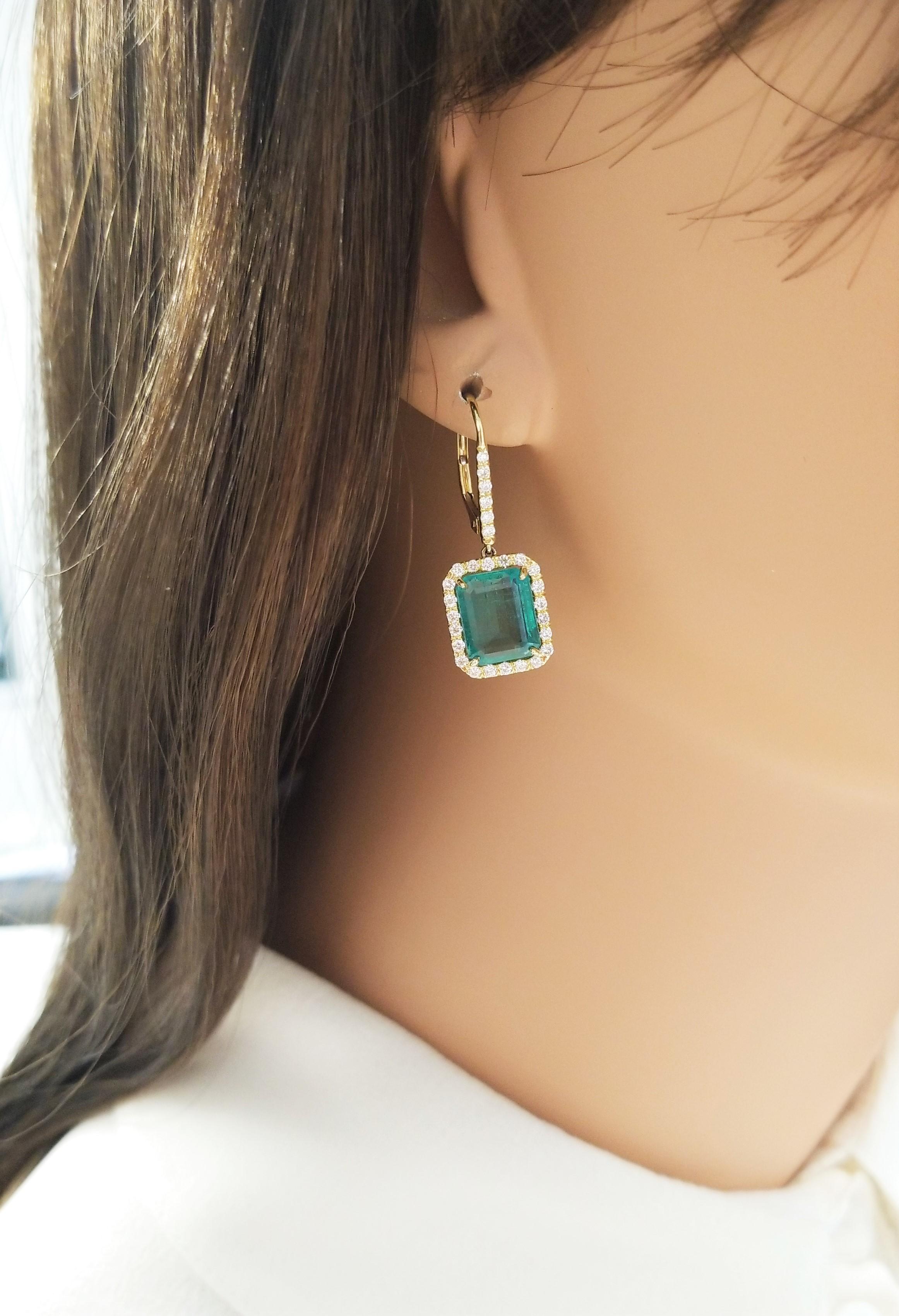 GiA Certified 8.55 Carat Total Emerald Cut Emerald & Diamond Earrings In 18K  For Sale 1