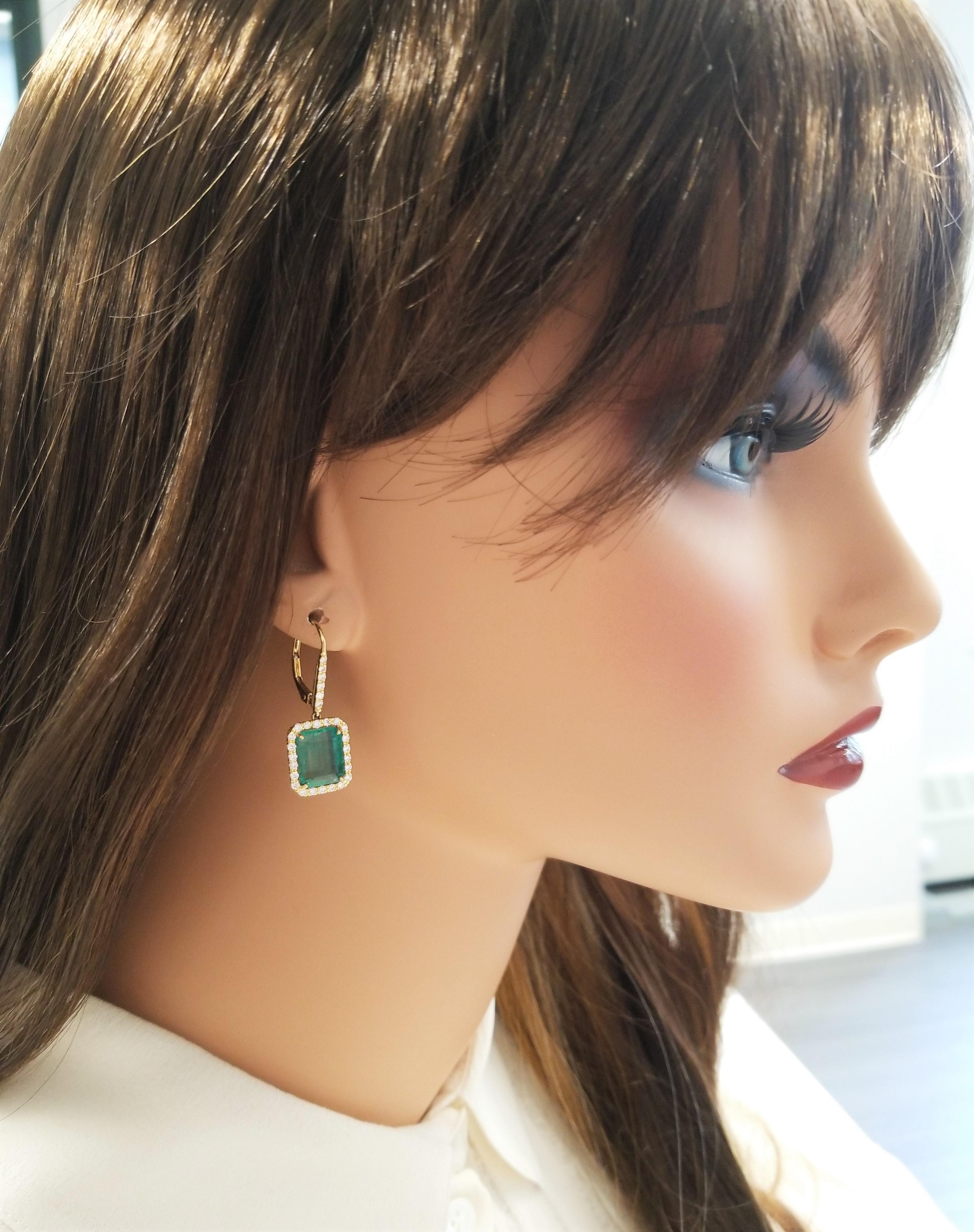 GiA Certified 8.55 Carat Total Emerald Cut Emerald & Diamond Earrings In 18K  For Sale 2