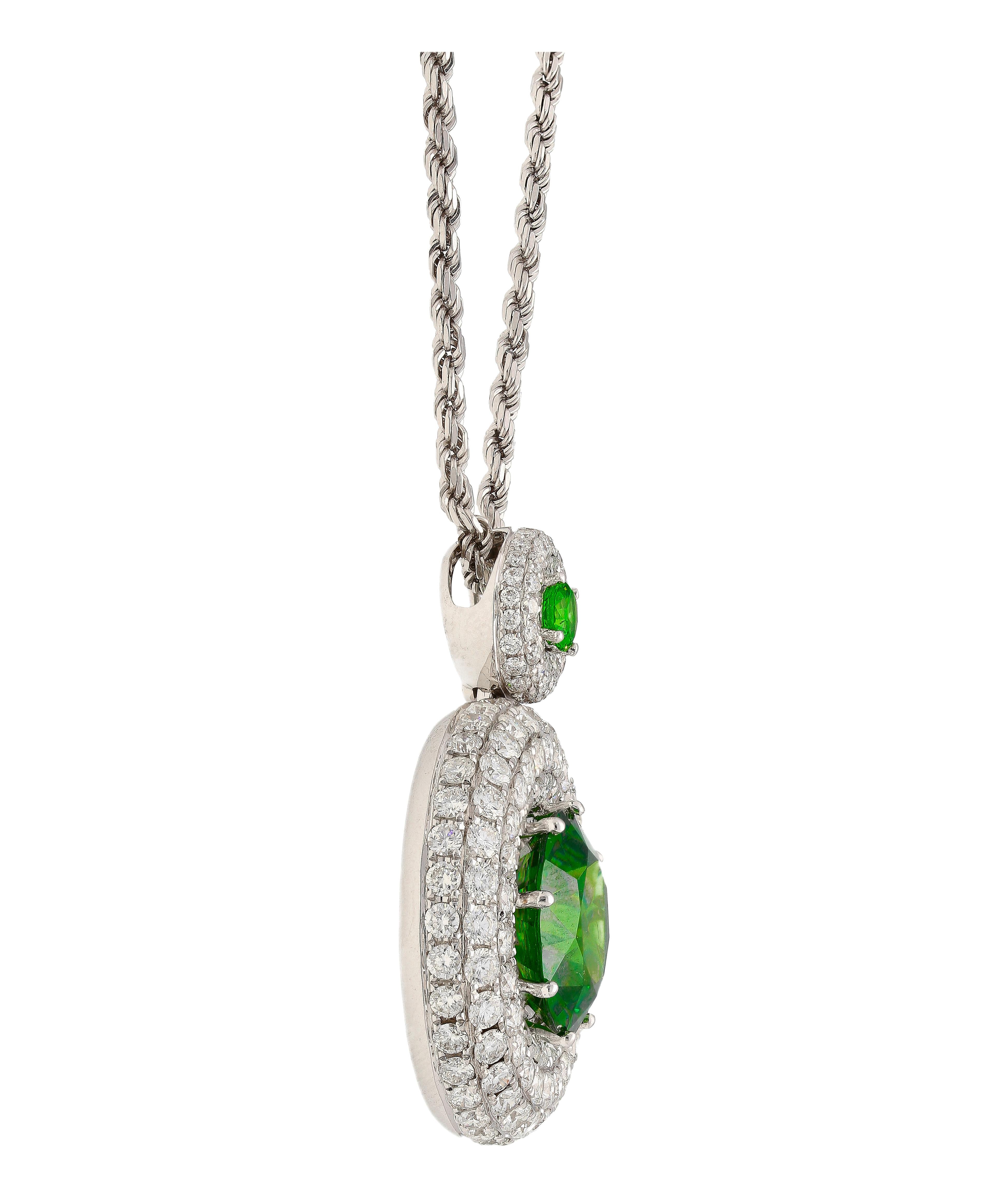 Round Cut GIA Certified 8.58 Carat Demantoid Necklace w/ Diamond Halo in 18K White Gold For Sale