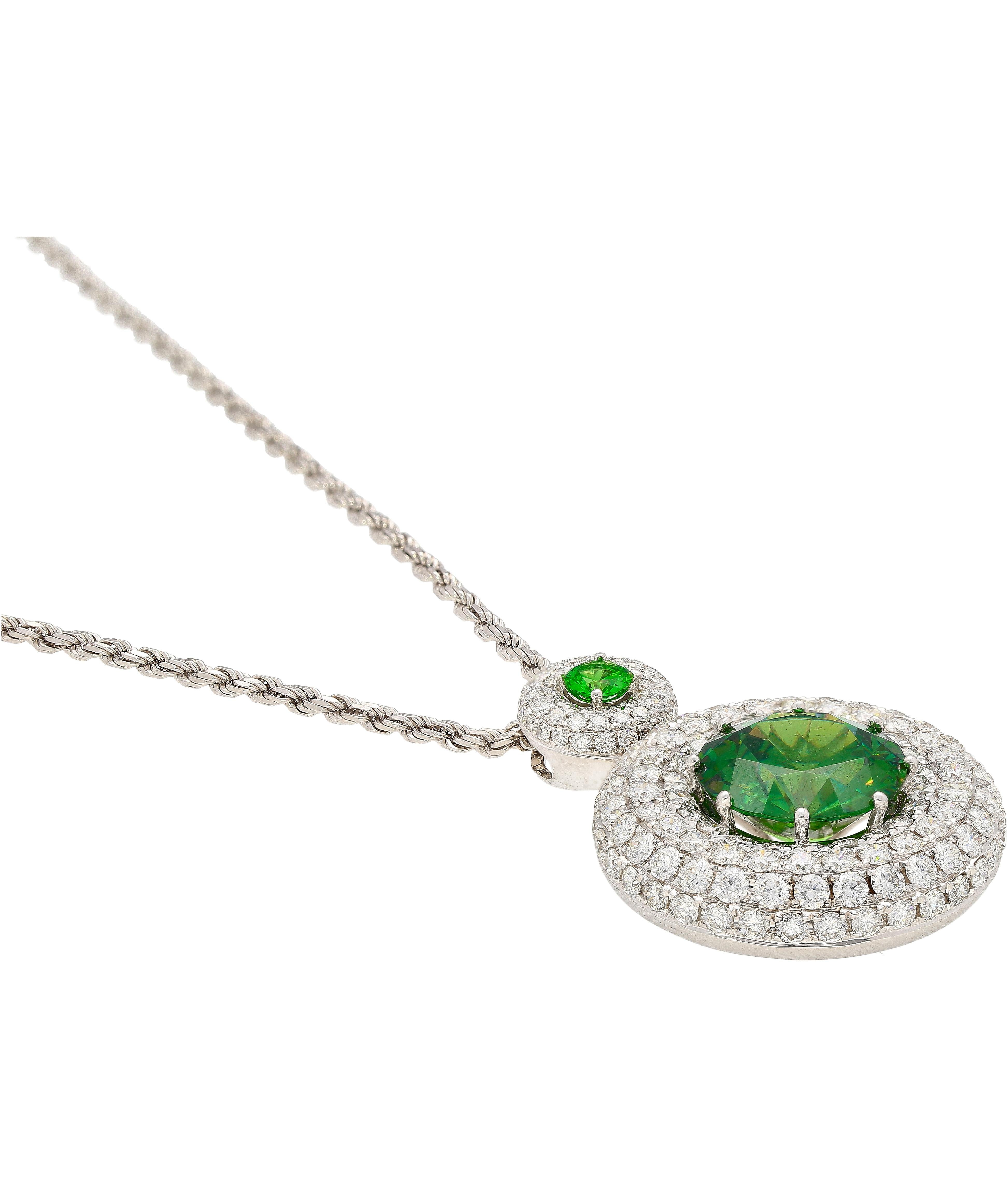 Women's GIA Certified 8.58 Carat Demantoid Necklace w/ Diamond Halo in 18K White Gold For Sale