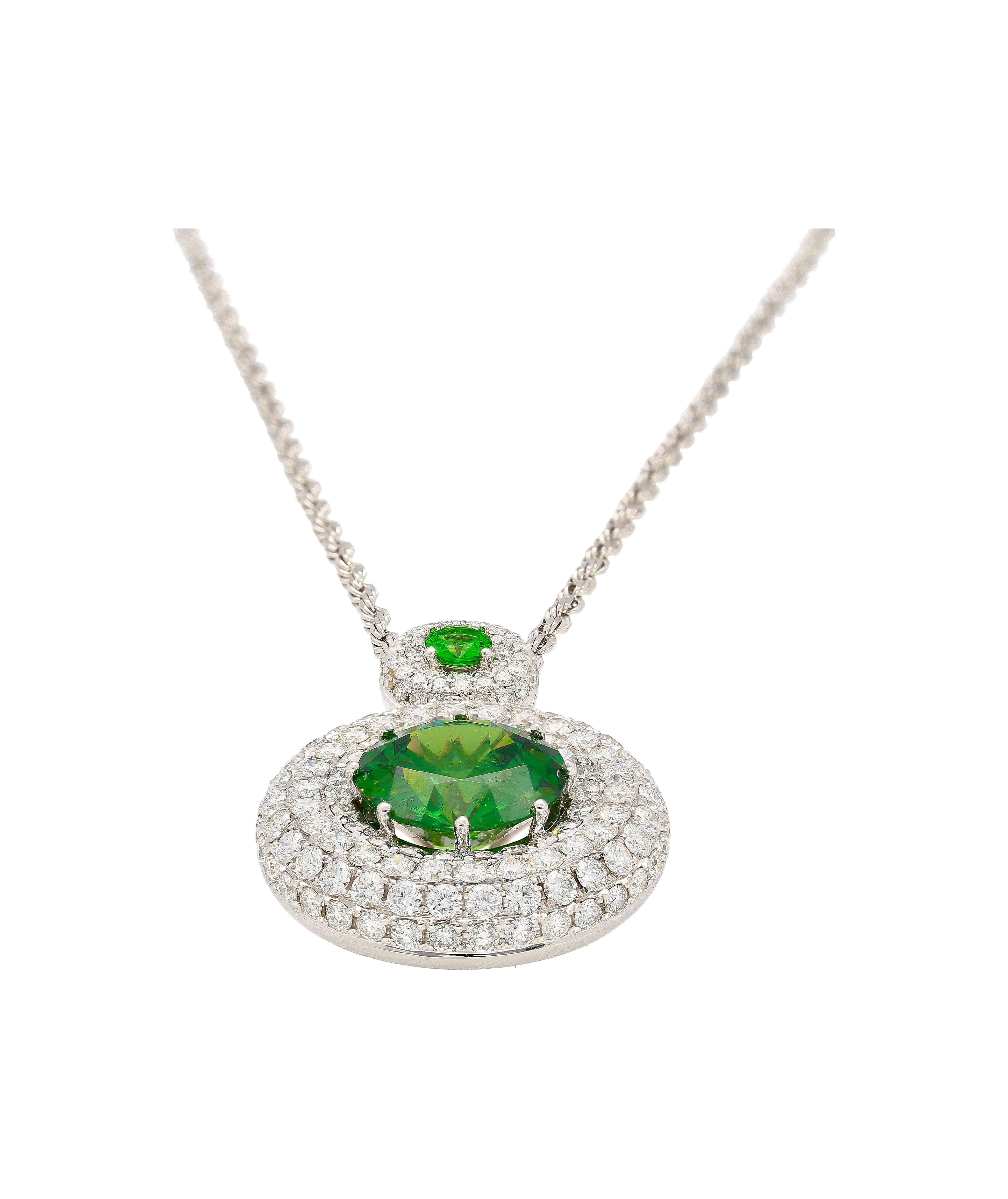 GIA Certified 8.58 Carat Demantoid Necklace w/ Diamond Halo in 18K White Gold For Sale 1