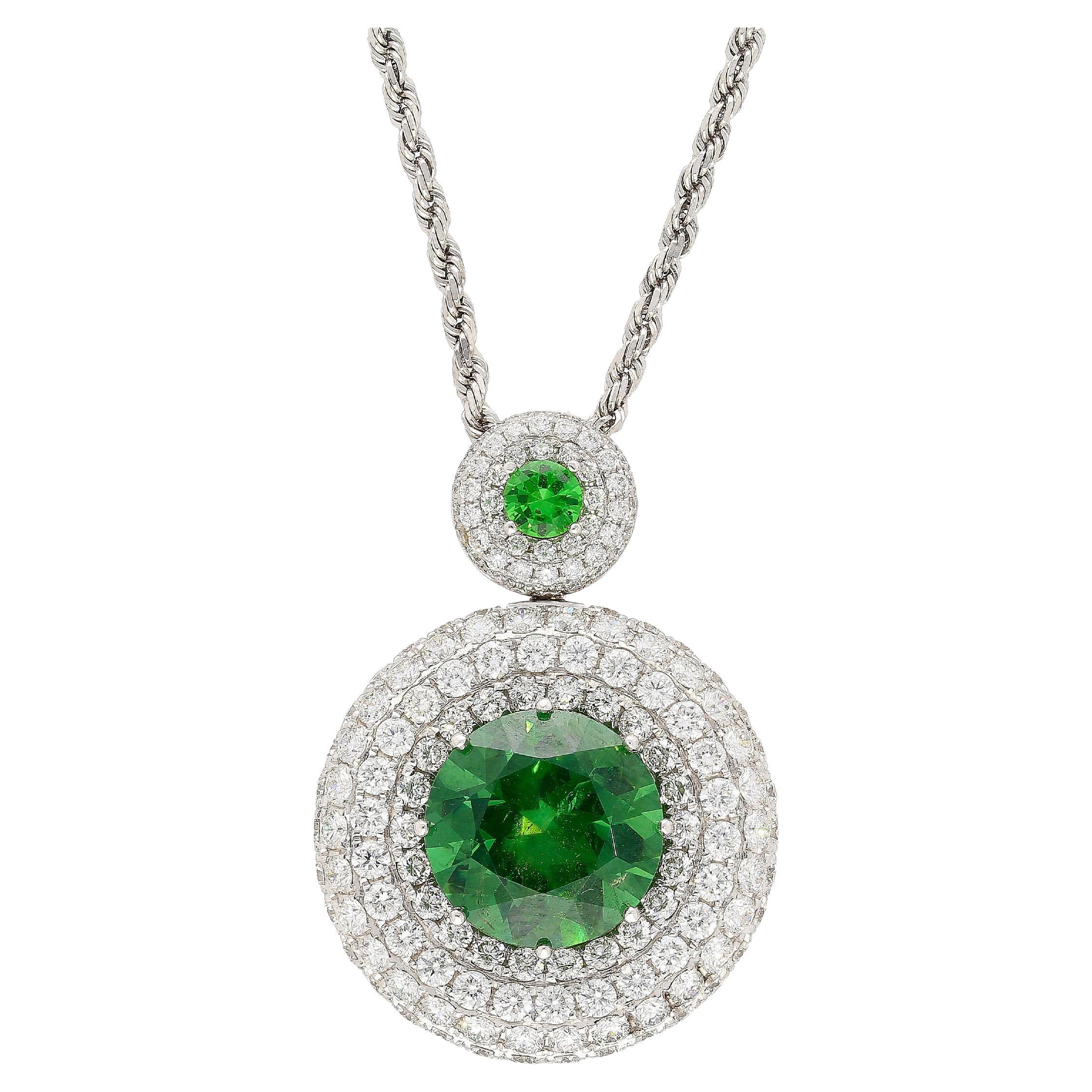 GIA Certified 8.58 Carat Demantoid Necklace w/ Diamond Halo in 18K White Gold For Sale
