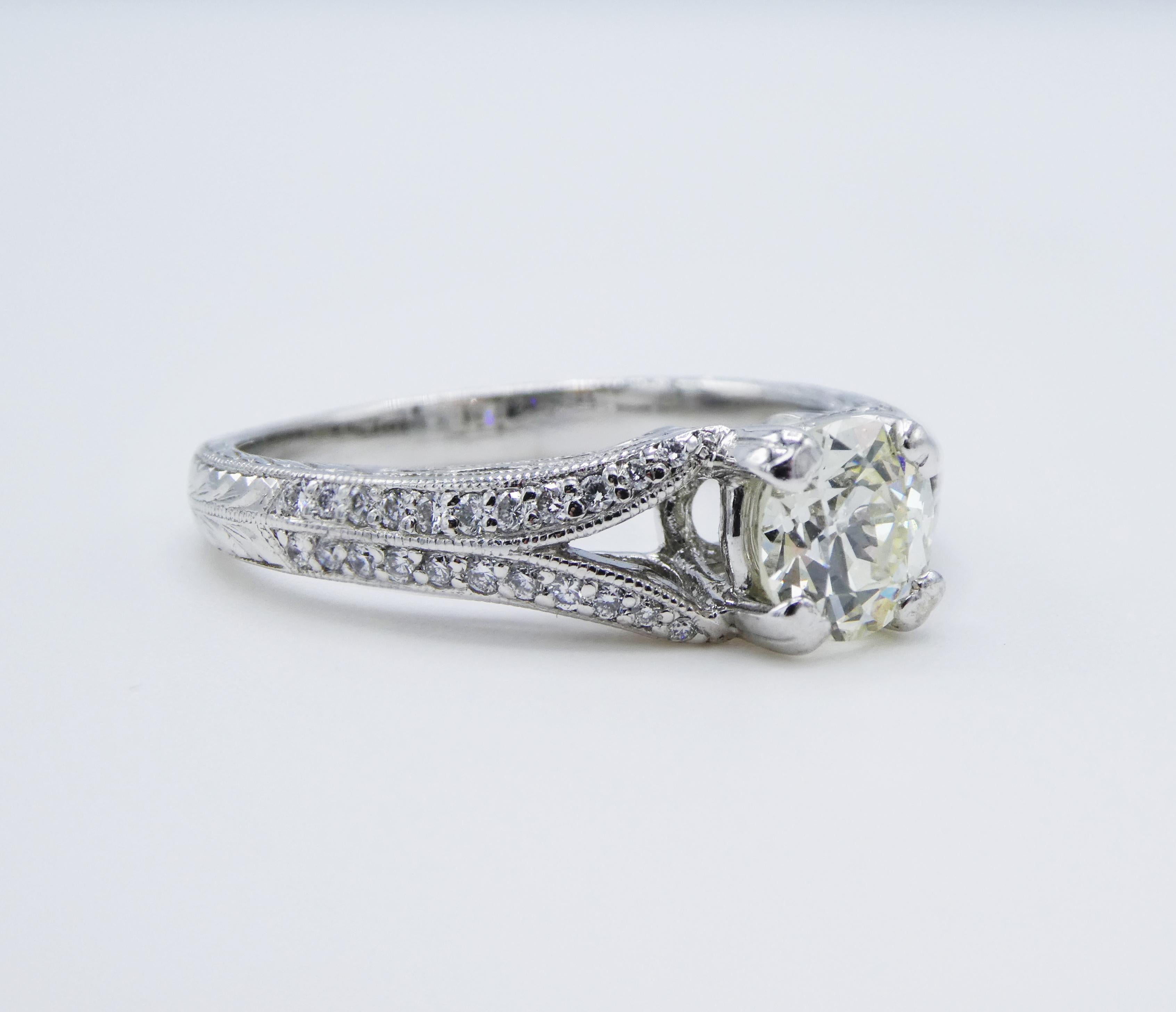 GIA Certified .86 Carat Old European Cut M VS2 Diamond Platinum Engagement Ring In Good Condition In  Baltimore, MD