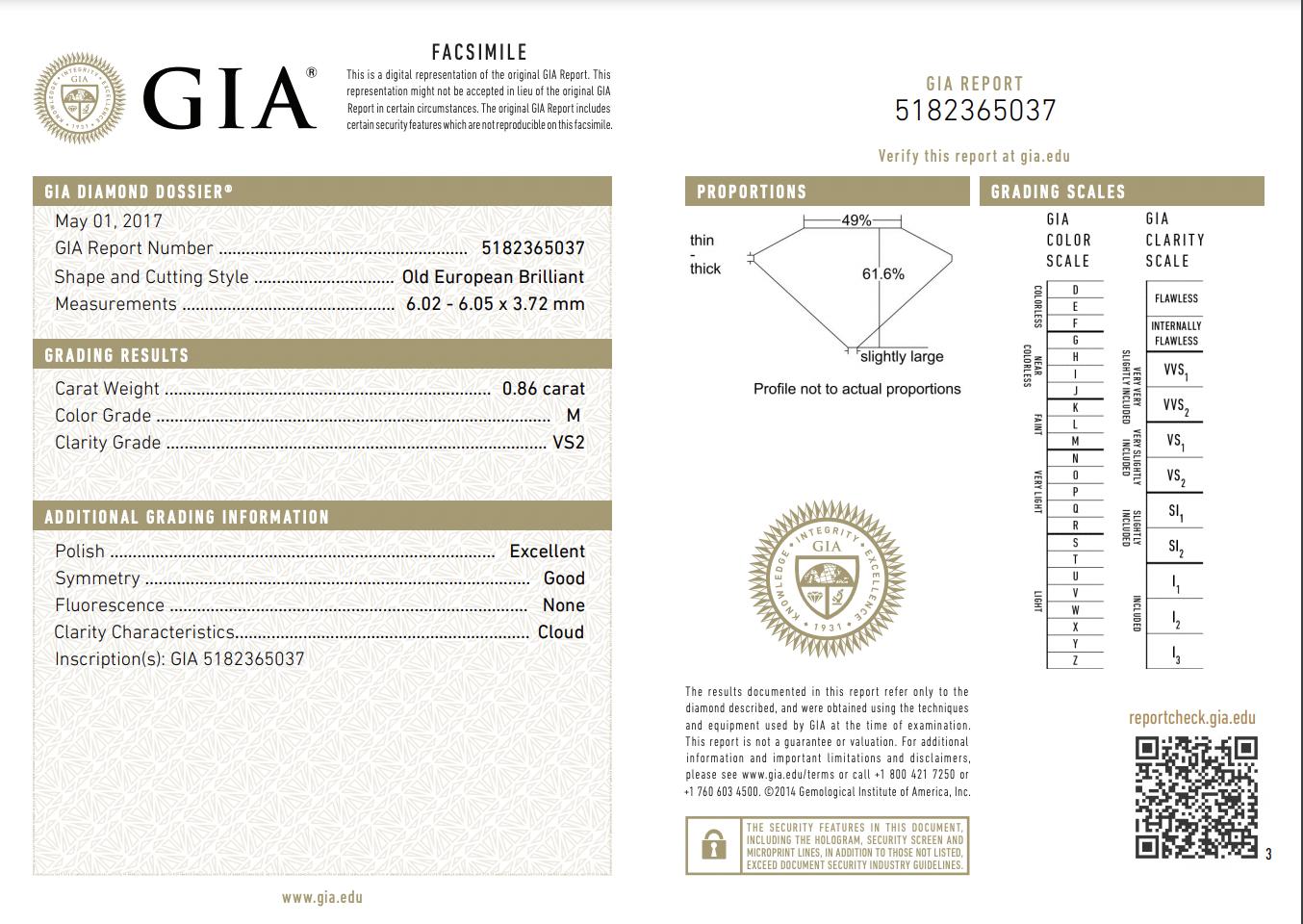 GIA Certified .86 Carat Old European Cut M VS2 Diamond Platinum Engagement Ring 5