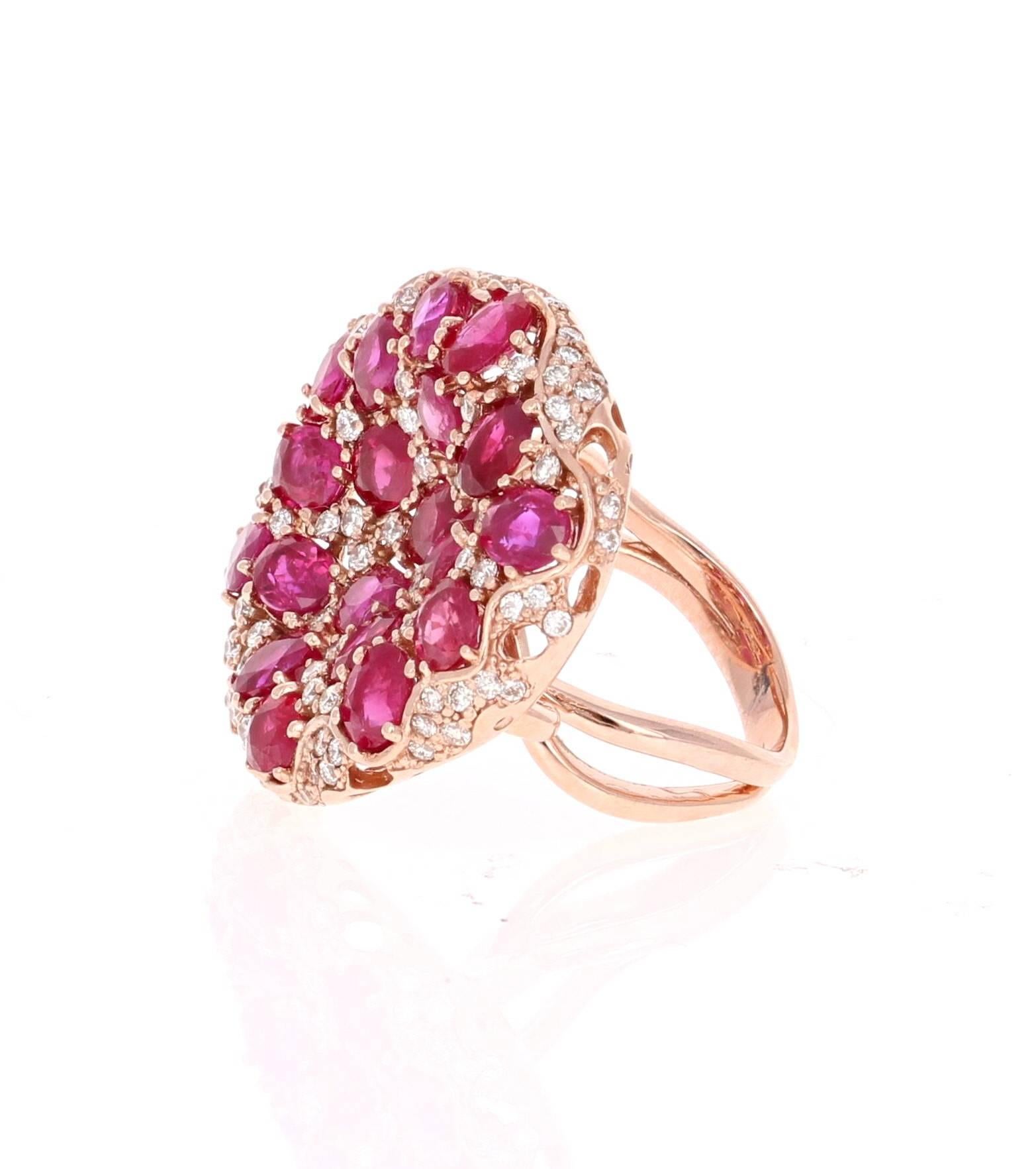 This gorgeous cocktail ring has 19 Oval cut Rubies set in the center of the ring that weigh 7.58 carats.  It also has 90 Round Cut Diamonds floating around the Rubies that weigh 1.02 carats. (Clarity: VS2, Color: H).  The total carat weight of the
