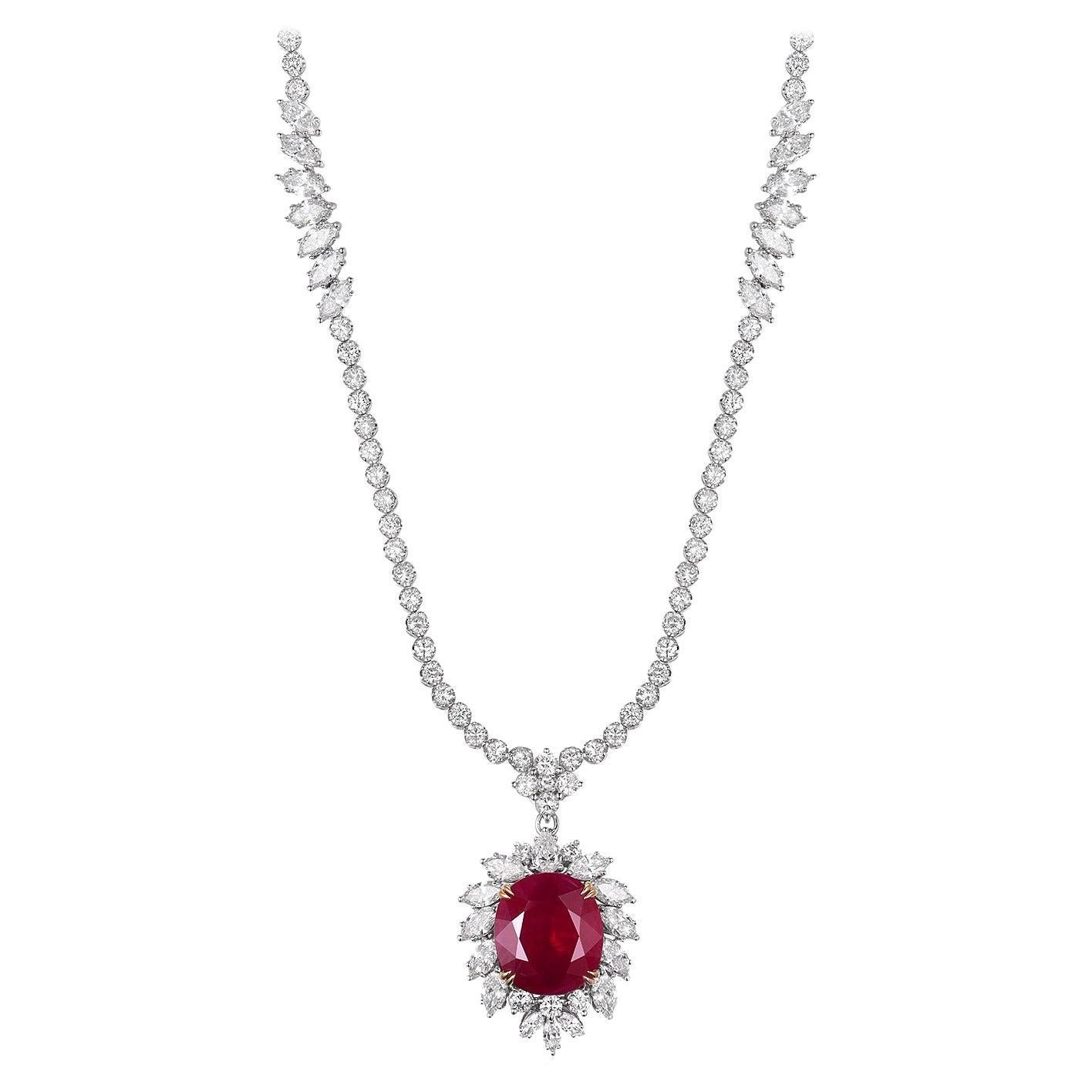 GIA Certified 8.61 Carat Burma Ruby Diamond Necklace in 18 Karat White Gold