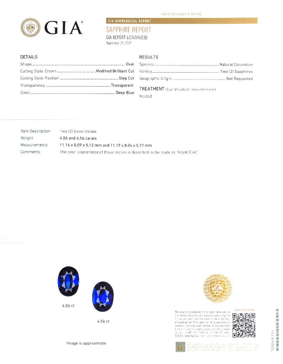 Please inquire for more videos/photos.

Details

Identification: Natural Heated Blue Sapphire Matching Pair
• Carat: 8.62 carats
• Measurement: 11.16 x 8.09 x 5.12 mm and 11.19 x 8.04 x 5.77 mm
• Shape: Oval
• Cut: Modified Brilliant/Step
• Color: