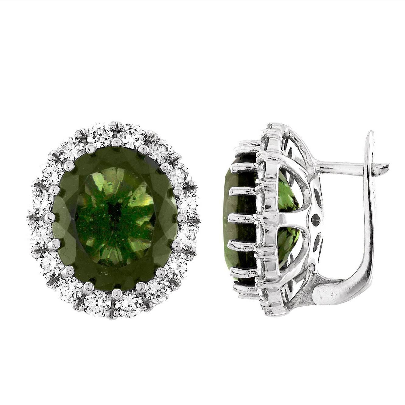 GIA Certified 8.63 Carat Oval Moldavite Diamond Gold Earrings